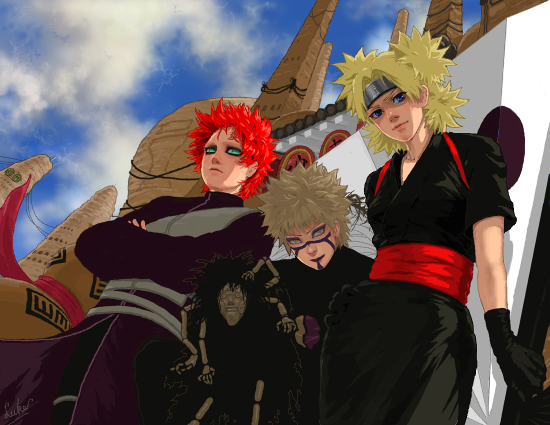 luke uehara, gaara (naruto), kankuro, temari (naruto), naruto (classic), naruto (series), brother, sister, 1girl, 2boys, alternate eye color, alternate hair color, blonde hair, blue eyes, facial mark, green eyes, hand fan, multiple boys, puppet, red hair, siblings