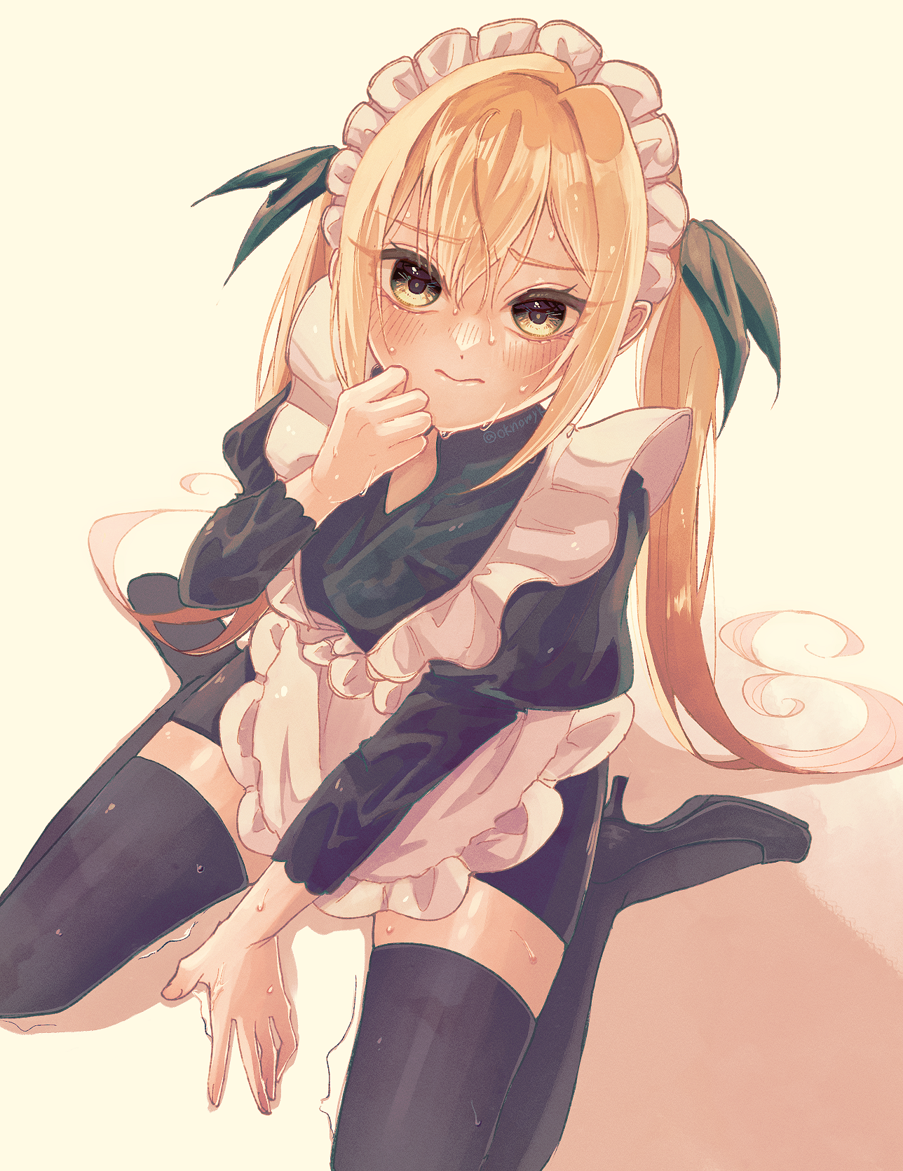 oknomyk, inda karane, kimi no koto ga dai dai dai dai daisuki na 100-nin no kanojo, commentary request, highres, 1girl, 3:, apron, black shoes, black thighhighs, blonde hair, blush, frilled apron, frills, green ribbon, hair between eyes, hair ribbon, high heels, juliet sleeves, long hair, long sleeves, looking at viewer, maid, maid apron, maid headdress, puffy sleeves, ribbon, shoes, simple background, sitting, solo, thighhighs, twintails, very long hair, water drop, wet, wet clothes, wet hair, white apron, yellow background, yellow eyes