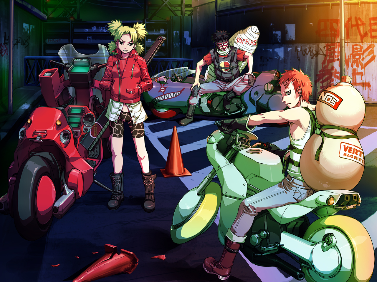uzi (kei t drawing), gaara (naruto), kankuro, shima tetsuo, temari (naruto), akira (manga), naruto (classic), naruto (series), vehicle, 1girl, 2boys, alternate costume, blonde hair, boots, contemporary, cosplay, crossover, cyberpunk, kaneda shoutarou's bike, motor vehicle, motorcycle, multiple boys, parody, science fiction, shima tetsuo (cosplay), shoutarou kaneda, shoutarou kaneda (cosplay), sport bike