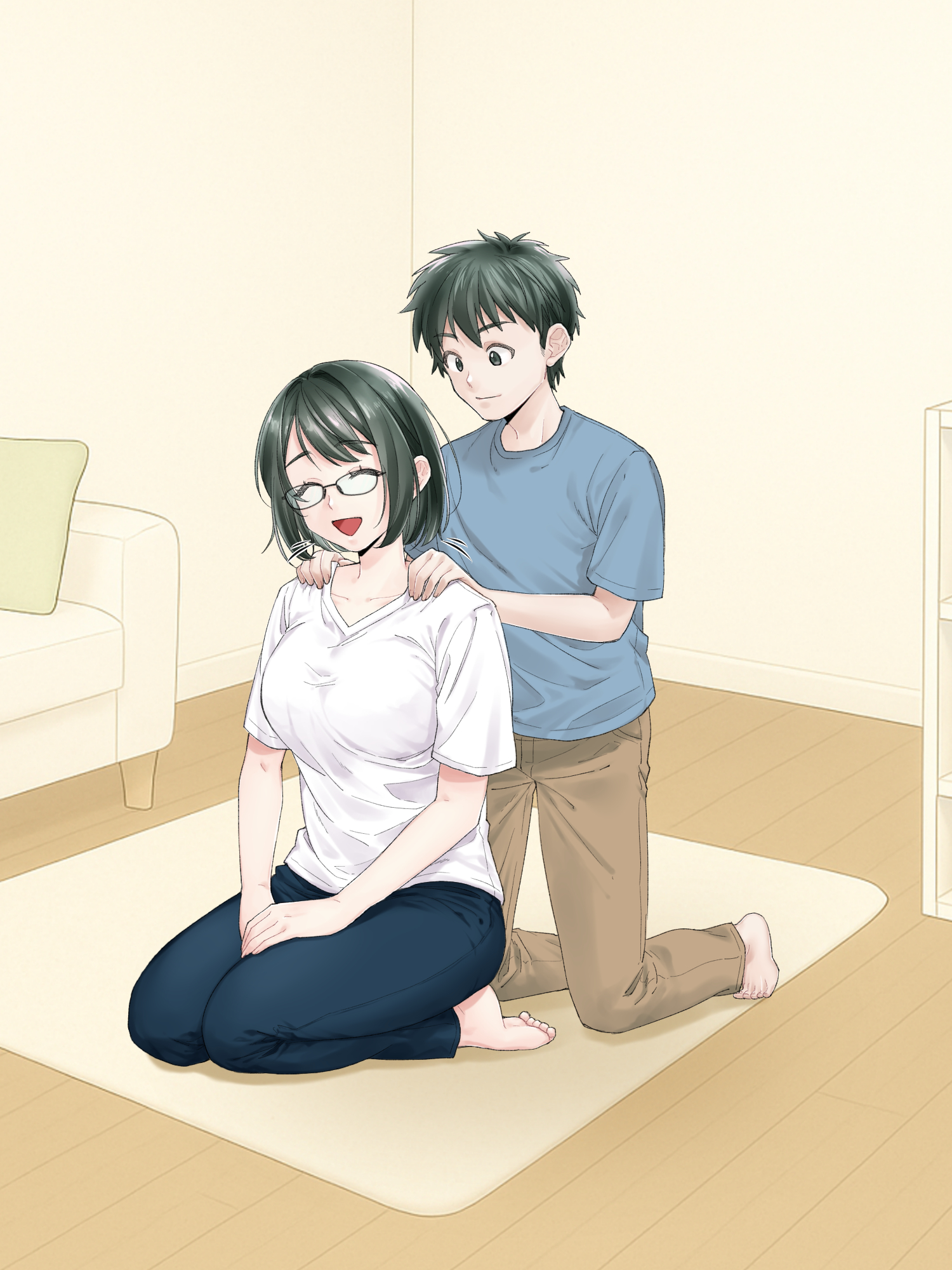 and opi, original, commentary request, highres, 1boy, 1girl, blue pants, blue shirt, breasts, brown pants, closed eyes, closed mouth, collarbone, couch, full body, glasses, green eyes, green hair, happy, indoors, living room, looking at another, massage, mat, medium breasts, mother and son, open mouth, own hands together, pants, pillow, shirt, short hair, short sleeves, shoulder massage, smile, t-shirt, v-neck, white shirt, wooden floor