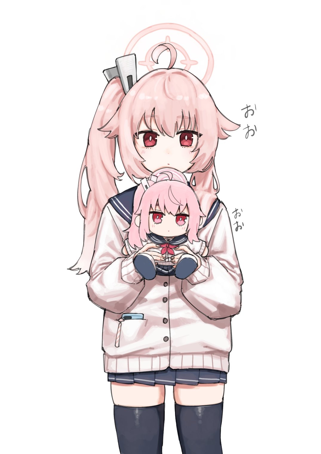 natsu (blue archive), blue archive, commentary request, highres, 1girl, a (mitei7926), ahoge, black thighhighs, cowboy shot, expressionless, fumo (doll), hair ornament, halo, holding, holding stuffed toy, long hair, long sleeves, looking at viewer, pink hair, pink halo, pleated skirt, red eyes, sailor collar, school uniform, side ponytail, simple background, skirt, solo, standing, stuffed animal, stuffed toy, thighhighs, white background, zettai ryouiki