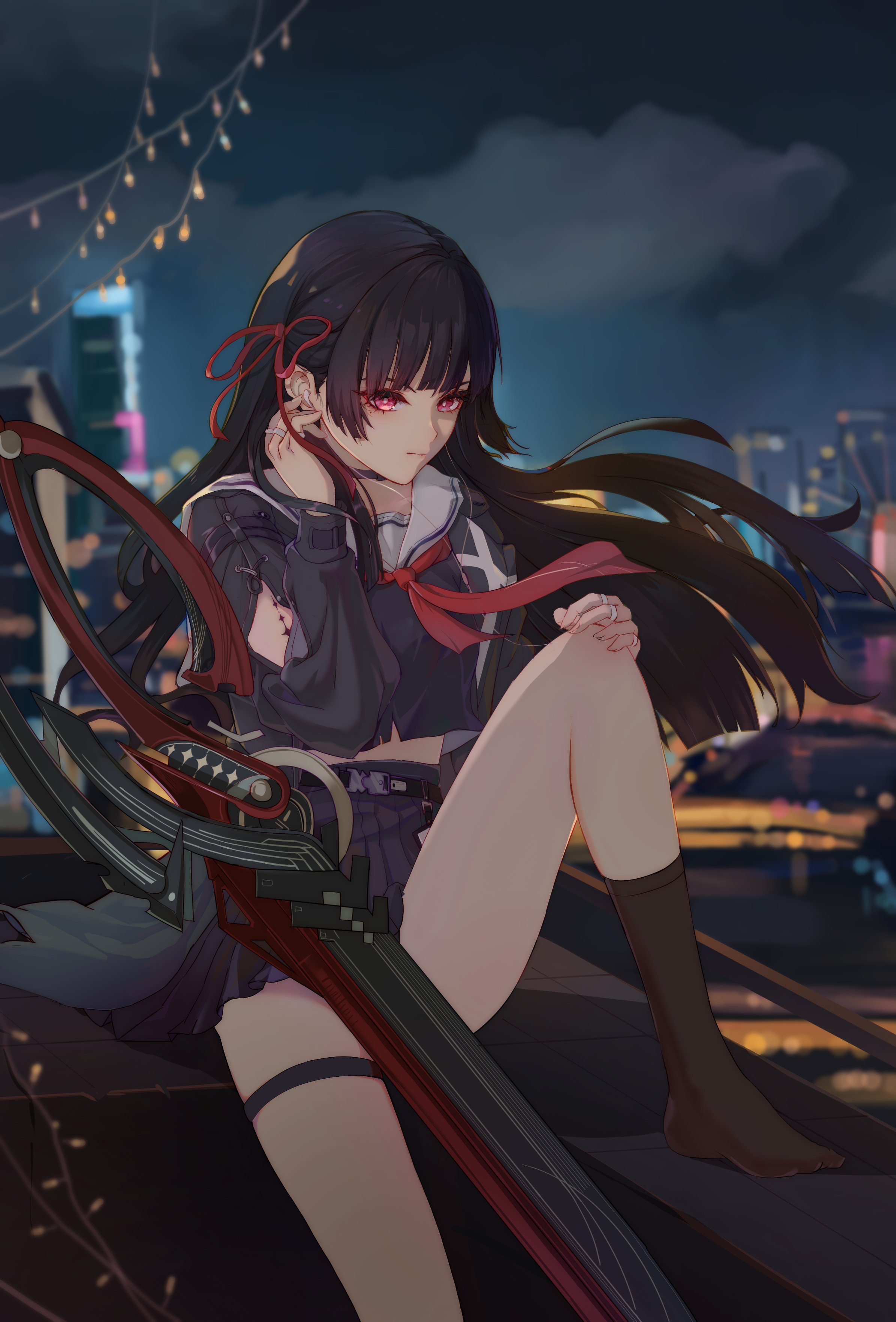 603dekuankuan, chisa (wuthering waves), wuthering waves, absurdres, chinese commentary, commentary request, highres, partial commentary, 1girl, arm cutout, black choker, black hair, black jacket, black shirt, black skirt, breasts, choker, closed mouth, clothing cutout, crop top, hair ribbon, hand on own knee, hand up, jacket, knee up, long hair, long sleeves, looking at viewer, medium breasts, neckerchief, night, no shoes, outdoors, red eyes, red neckerchief, red ribbon, ribbon, sailor collar, shirt, skirt, solo, sword, tacet mark (wuthering waves), thigh strap, thighs, weapon, white sailor collar, wind