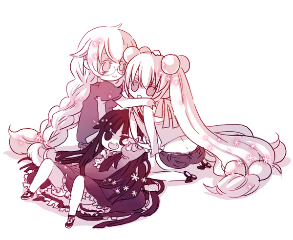 yakico, kagami kuro, kokonoe rin, usa mimi, kodomo no jikan, bad id, bad pixiv id, 00s, 3girls, bloomers, braid, breasts, chibi, child, full body, glasses, hair bobbles, hair ornament, hug, long hair, monochrome, multiple girls, oppai loli, pinup (style), purple theme, short shorts, shorts, sphere hair ornament, thighhighs, twin braids, underwear, very long hair