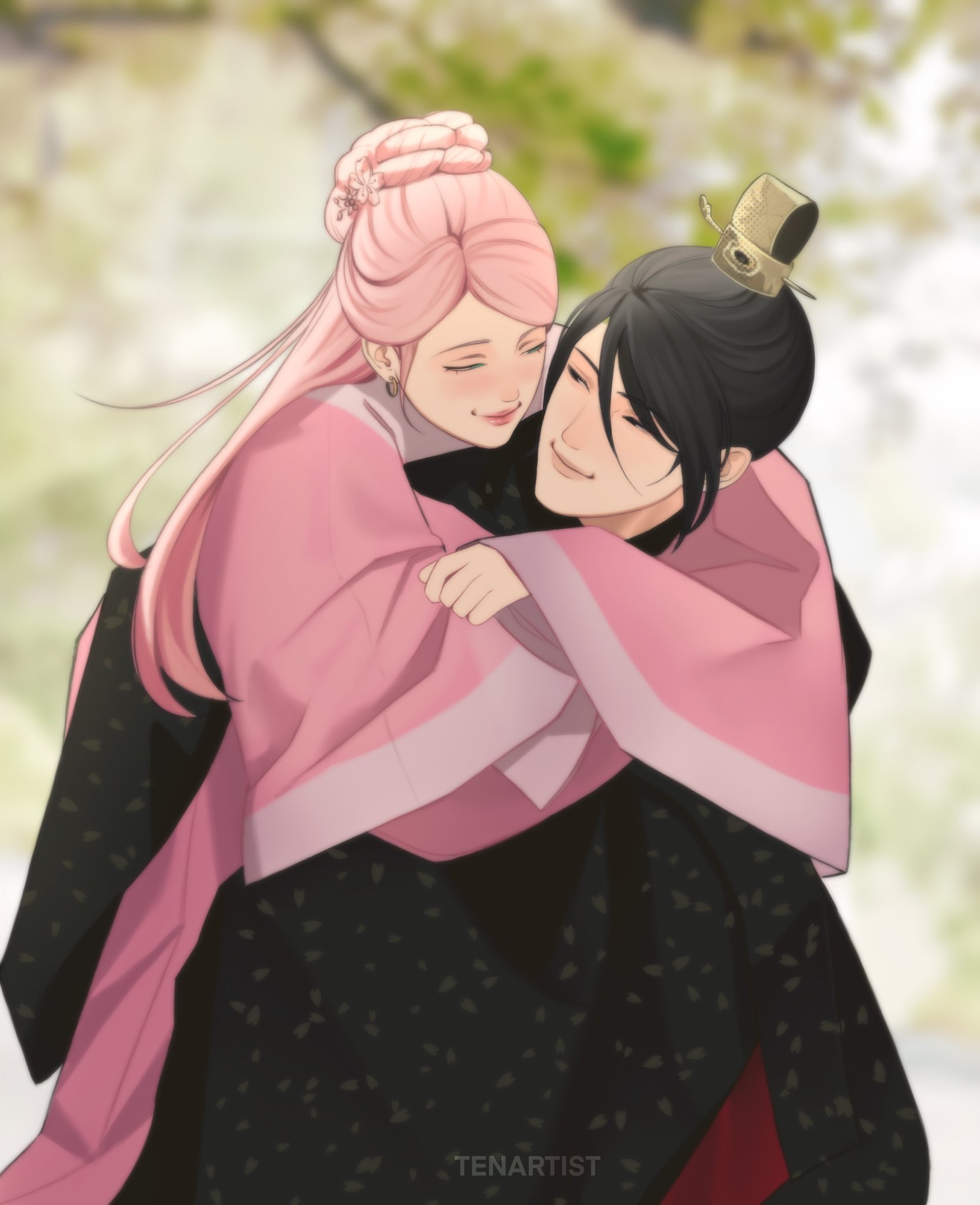 tenartistt, haruno sakura, uchiha sasuke, naruto (series), commentary, english commentary, highres, 1boy, 1girl, alternate costume, alternate hairstyle, artist name, black hair, black hanfu, blurry, blurry background, carrying, carrying person, chinese clothes, closed eyes, closed mouth, couple, cowboy shot, earrings, flower, hair flower, hair ornament, half-closed eyes, half up bun, hanfu, hetero, jewelry, kanzashi, light smile, long hair, looking at another, piggyback, pink hair, pink hanfu, straight hair, swept bangs, tsumami kanzashi, xiao guan (headdress)