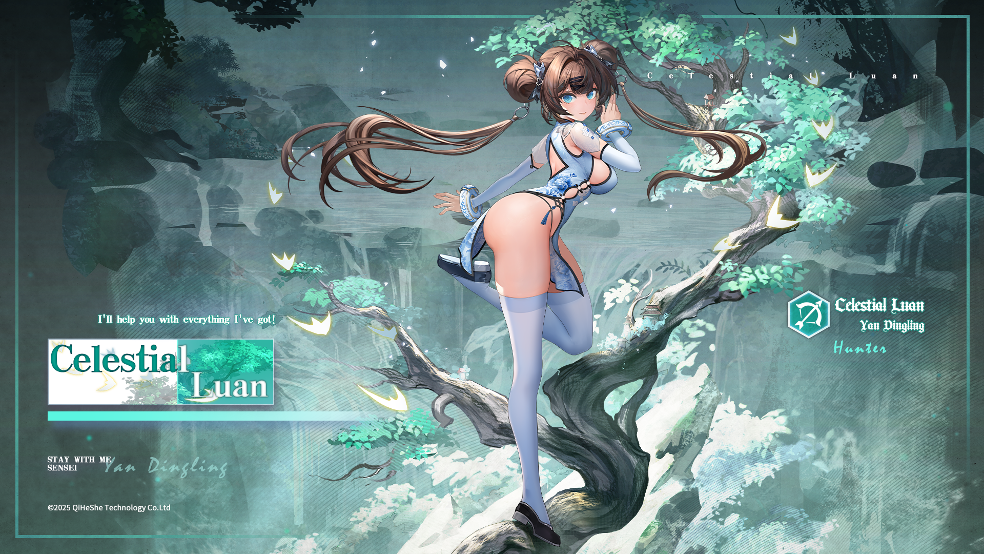 book of yog, artist request, highres, official art, 1girl, black shoes, blue eyes, breasts, brown eyes, china dress, chinese clothes, closed mouth, copyright notice, detached sleeves, double bun, dress, floral print, floral print dress, from side, hair bun, long hair, looking at viewer, on branch, print dress, shoes, short dress, solo, thighhighs, white dress, white sleeves, white thighhighs, yan dingling (book of yog)