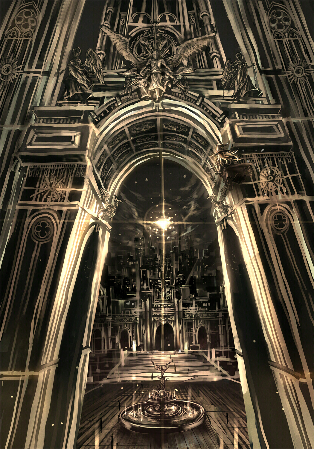 makai no juumin, kirisame marisa, touhou, highres, 1girl, arch, architecture, building, castle, diffraction spikes, female focus, fountain, scenery, solo