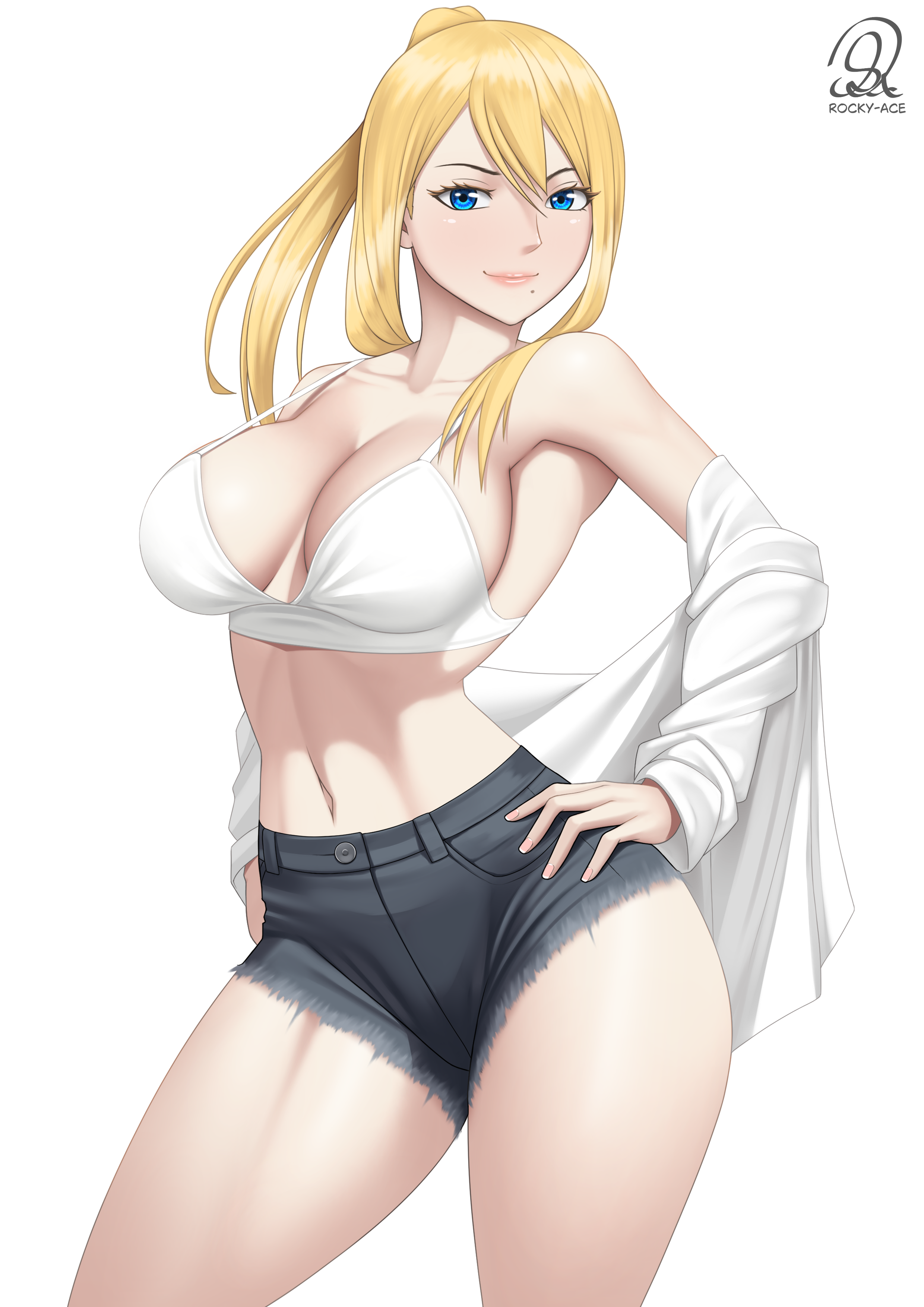rocky-ace, samus aran, metroid, nintendo, absurdres, commentary request, highres, 1girl, black shorts, blonde hair, blue eyes, breasts, cleavage, cowboy shot, cutoffs, denim, denim shorts, hand on own hip, high ponytail, large breasts, long hair, looking at viewer, midriff, mole, mole under mouth, navel, off shoulder, ponytail, shirt, short shorts, shorts, simple background, solo, stomach, thighs, white background, white shirt