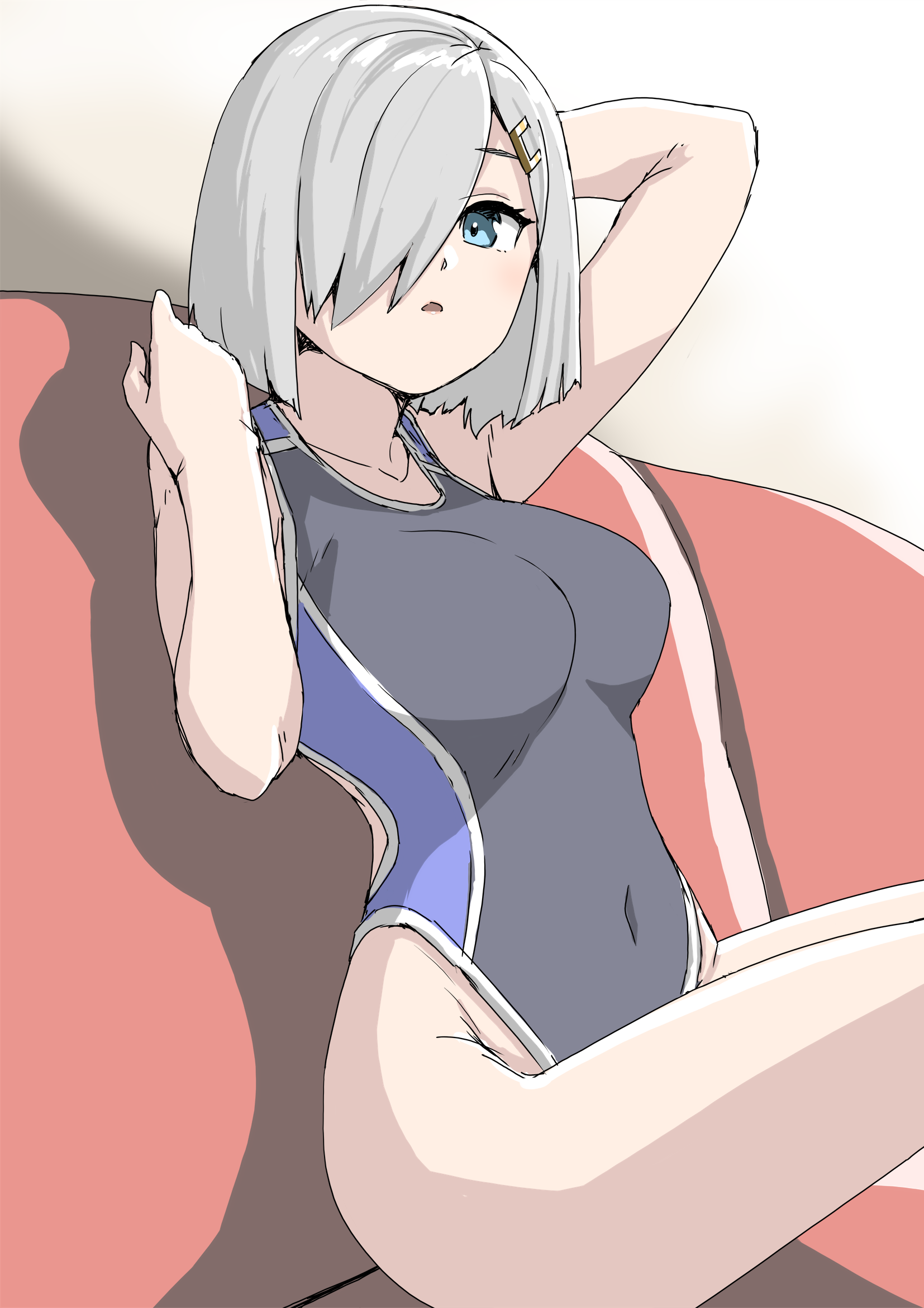 30-06, hamakaze (kancolle), kantai collection, commentary request, highres, 1girl, black one-piece swimsuit, blue eyes, blue one-piece swimsuit, blush, breasts, collarbone, competition swimsuit, couch, covered navel, grey hair, hair ornament, hair over one eye, hairclip, large breasts, looking at viewer, one-piece swimsuit, open mouth, short hair, sitting, solo, swimsuit, two-tone swimsuit