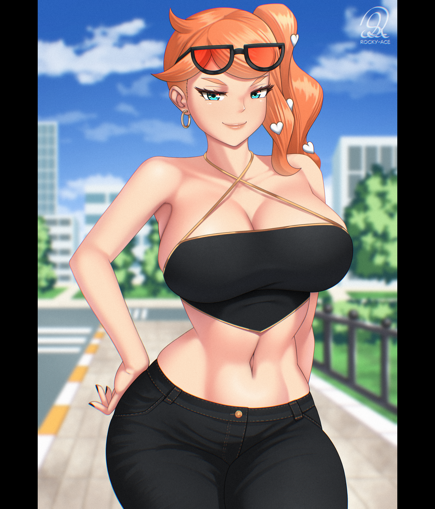 rocky-ace, sonia (pokemon), nintendo, pokemon, pokemon swsh, highres, 1girl, bare shoulders, black nails, black pants, blue sky, blurry, blurry background, breasts, cleavage, closed mouth, cloud, collarbone, crop top, curvy, day, denim, earrings, eyewear on head, gold earrings, green eyes, hair ornament, heart, heart hair ornament, hoop earrings, jeans, jewelry, large breasts, navel, orange hair, outdoors, pants, side ponytail, sky, smile, solo, stomach, sunglasses, tinted eyewear