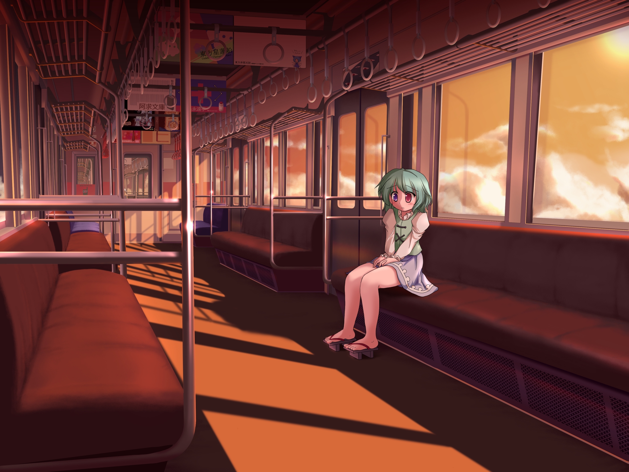 lzh, cirno, maribel hearn, tatara kogasa, ghostly field club, touhou, highres, 1girl, blue hair, feet, female focus, geta, heterochromia, indoors, lonely, sandals, scenery, shadow, short hair, sitting, solo, train, train interior, vanishing point