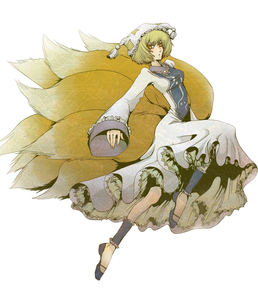 anko (nadesico777h), yakumo ran, touhou, bad id, bad pixiv id, 1girl, animal hat, blonde hair, female focus, fox tail, full body, hat, long sleeves, mob cap, multiple tails, shoes, short hair, solo, tail, tassel, white background, wide sleeves, yellow eyes