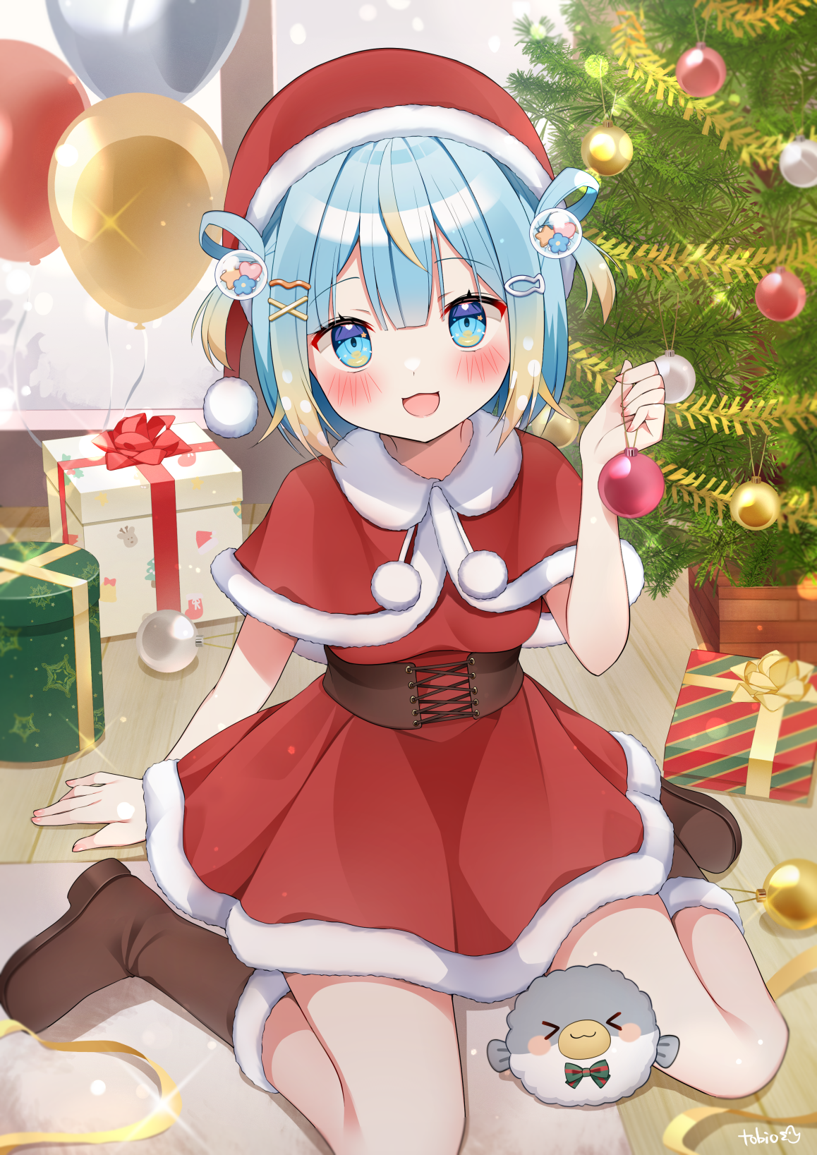 tobio illust, character request, commentary request, copyright request, highres, 1girl, :3, :d, blonde hair, blue eyes, blue hair, blunt bangs, blush, boots, box, brown boots, brown corset, capelet, christmas, christmas ornaments, christmas tree, corset, double-parted bangs, dress, fish hair ornament, full body, fur-trimmed boots, fur-trimmed capelet, fur-trimmed dress, fur-trimmed headwear, fur trim, gift, gift box, gradient hair, hair ornament, hat, holding, looking at viewer, multicolored hair, open mouth, red capelet, red dress, red hat, santa costume, santa dress, santa hat, short hair, signature, sitting, smile, solo, two side up, virtual youtuber, wariza, x hair ornament