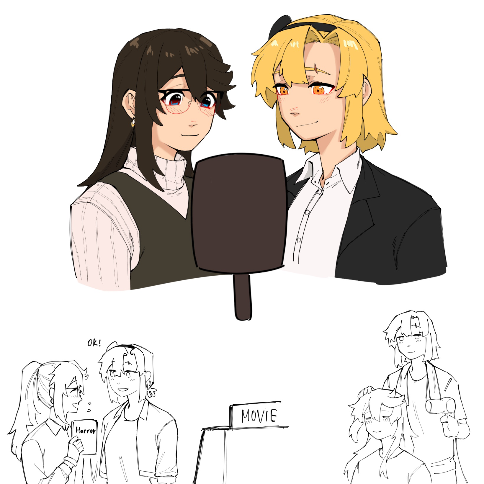 gmeg011, koishikawa iko, momijiyama teru, shy (series), commentary, highres, symbol-only commentary, 2girls, aged up, black hairband, black jacket, black vest, blonde hair, brown hair, collared shirt, dress shirt, drying, drying another's hair, drying hair, hairband, holding, jacket, long hair, multiple girls, open clothes, open jacket, orange eyes, scar, scar across eyebrow, scar on face, shirt, short hair, simple background, smile, vest, white background, white shirt