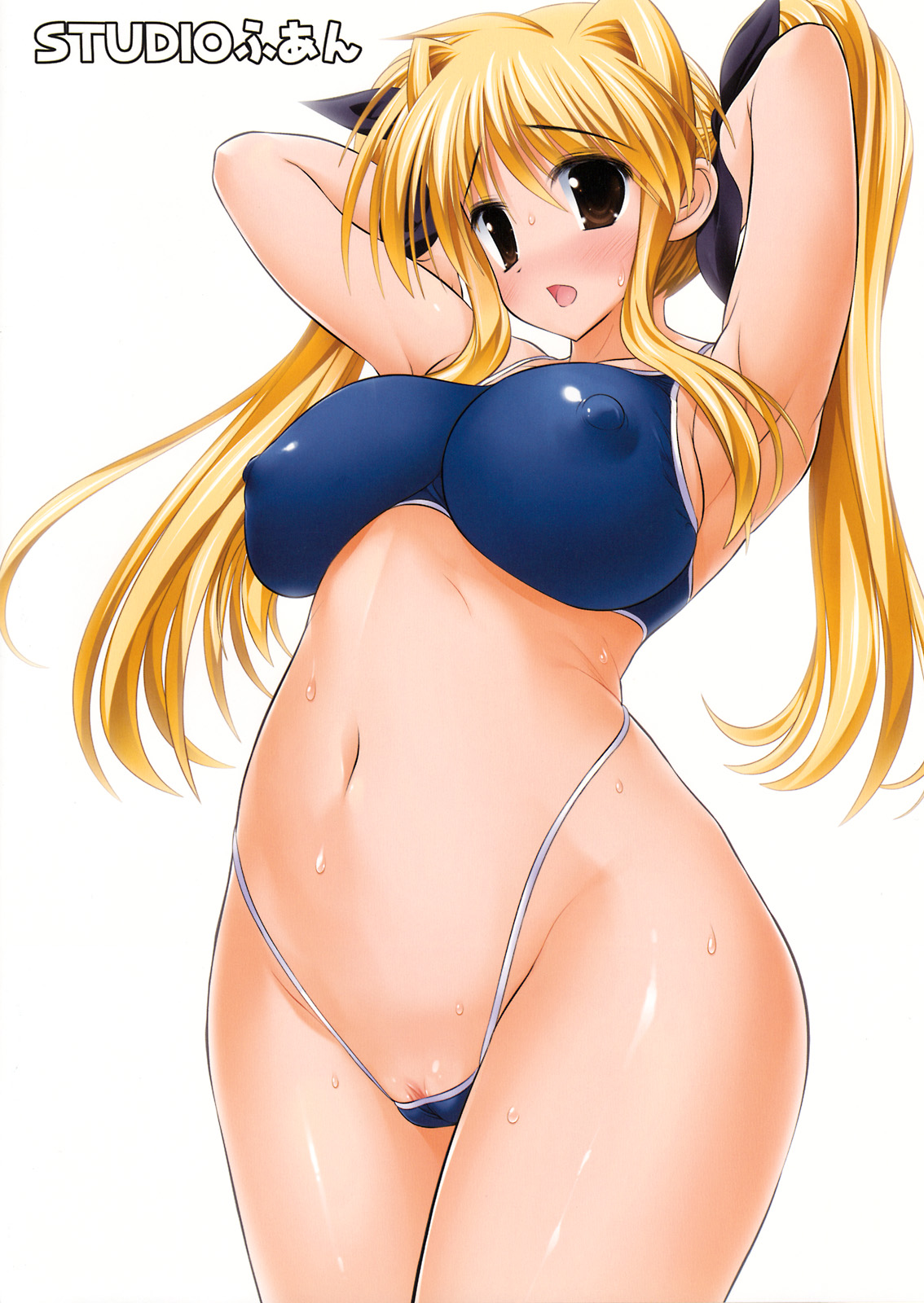 raidon, fate testarossa, lyrical nanoha, mahou shoujo lyrical nanoha, mahou shoujo lyrical nanoha strikers, highleg swimsuit, highres, 00s, 1girl, adjusting hair, arms behind head, backless panties, bikini, blonde hair, blush, breasts, brown eyes, cameltoe, cleft of venus, clitoris slip, covered erect nipples, curvy, female focus, highleg, highleg panties, impossible clothes, impossible shirt, large breasts, long hair, micro panties, panties, pussy, pussy peek, ribbon, shirt, simple background, solo, standing, swimsuit, tankini, thong, twintails, uncensored, underwear, wet, white background