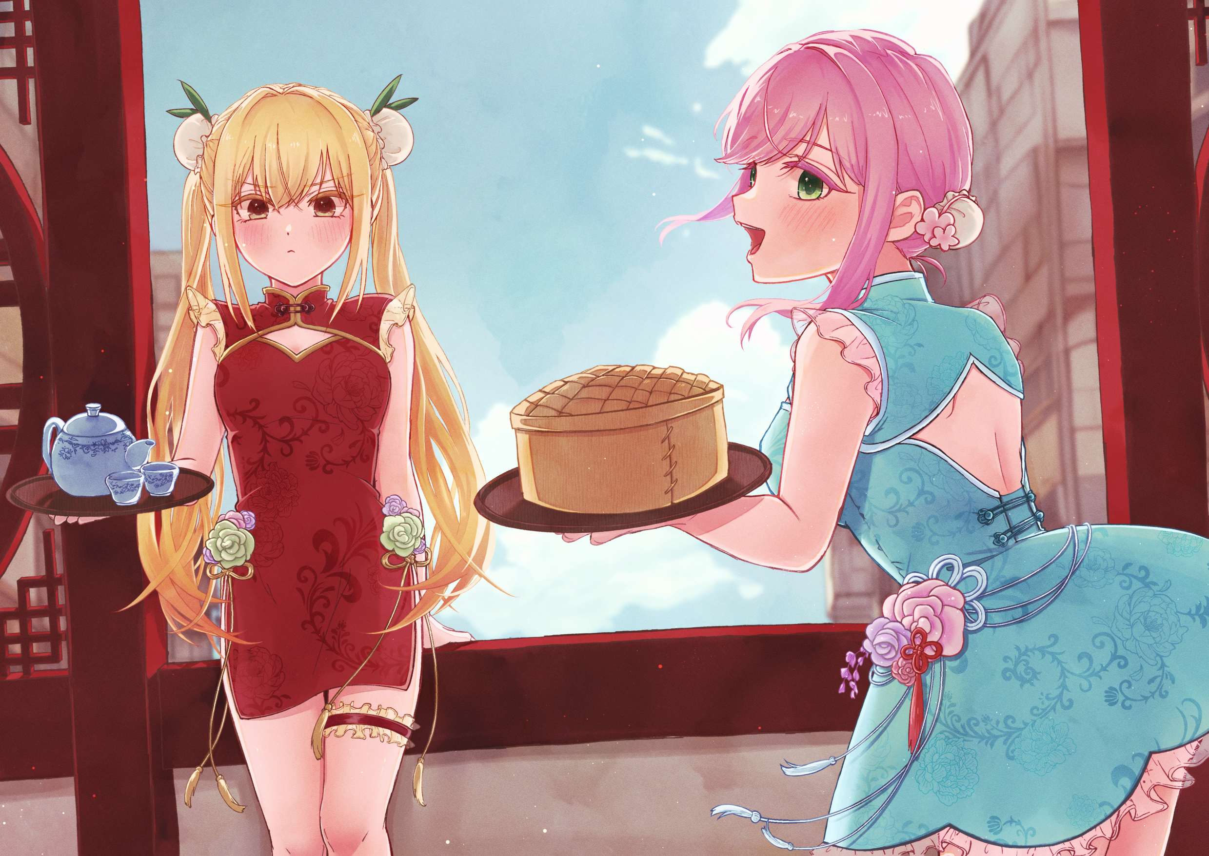 oknomyk, hanazono hakari, inda karane, kimi no koto ga dai dai dai dai daisuki na 100-nin no kanojo, commentary request, highres, 2girls, :d, alternate costume, back cutout, bare arms, bare legs, bare shoulders, blonde hair, blue dress, blue sky, blush, breasts, brown eyes, bun cover, china dress, chinese clothes, cleavage cutout, clothing cutout, cloud, cup, double bun, dress, flower, frilled dress, frilled thigh strap, frills, frown, green eyes, green ribbon, hair between eyes, hair bun, hair flower, hair ornament, hair ribbon, holding, holding tray, indoors, large breasts, long hair, multiple girls, open mouth, pink hair, red dress, ribbon, sky, sleeveless, sleeveless dress, small breasts, smile, tassel, teapot, thigh strap, tray, twintails, very long hair, window