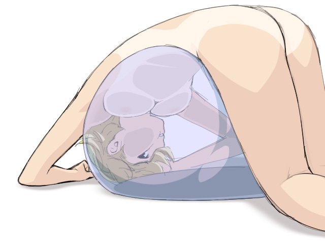 ino (magloid), tatiana vasilievna stalina, otome function, 1girl, ass, ball, blonde hair, blue eyes, breast press, breasts, cheek press, cheek squash, exercise ball, female focus, nipples, nude, one-piece tan, see-through clothes, short hair, simple background, solo, tan, tanline, top-down bottom-up, transparent, white background