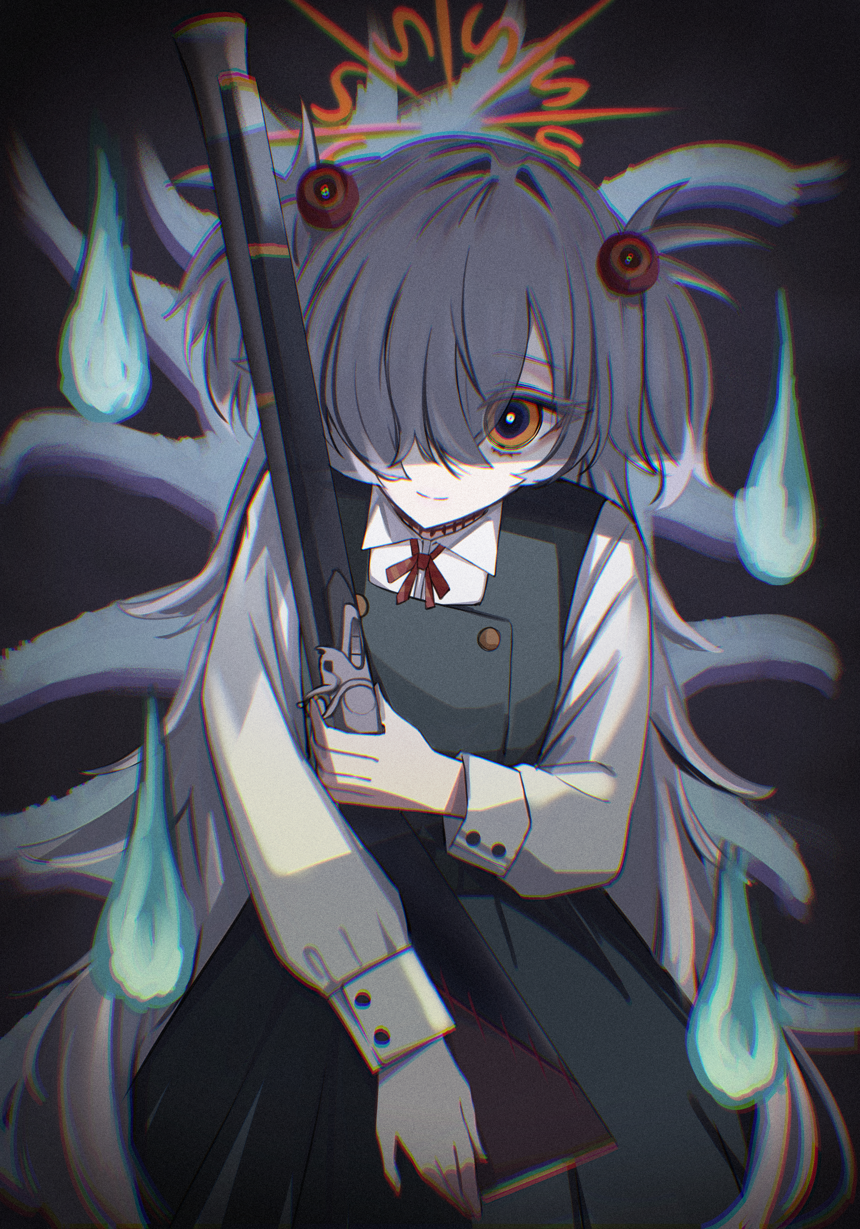 rontuta6, kanoe (blue archive), blue archive, absurdres, commentary request, highres, 1girl, antique firearm, blunderbuss, brown halo, choker, collared shirt, diagonal-striped ribbon, dress, eyeball hair ornament, firearm, gun, hair over one eye, halo, hitodama, long hair, long sleeves, looking at viewer, mojyo, pinafore dress, shirt, sleeveless, sleeveless dress, solo, two side up, very long hair, weapon, white shirt