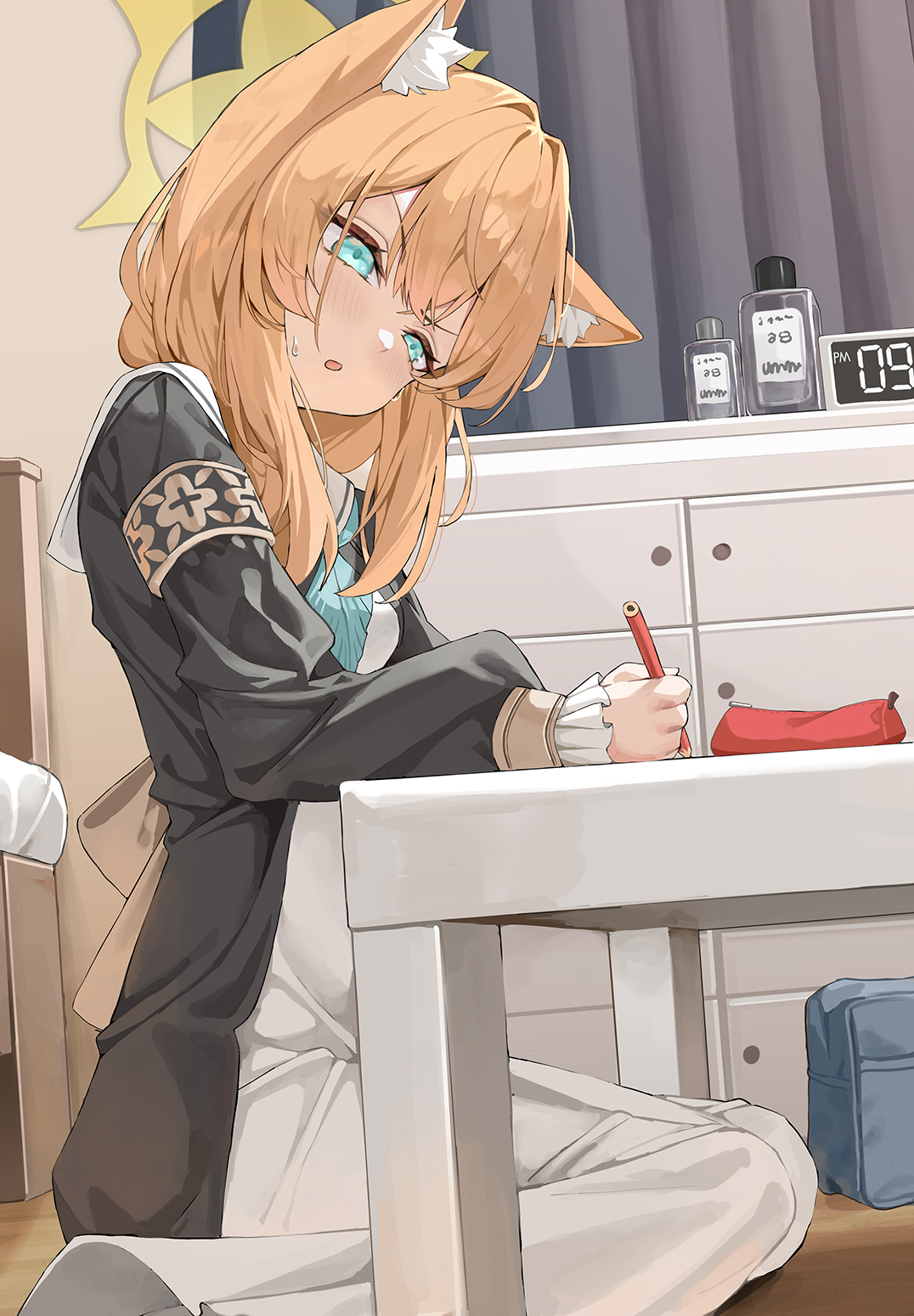 krux (k krux), mari (blue archive), blue archive, gold armlet, commentary request, highres, 1girl, :o, animal ear fluff, animal ears, aqua eyes, aqua neckerchief, armlet, black dress, blonde hair, blush, cat ears, cat girl, dress, hair over shoulder, halo, holding, holding pencil, indoors, jewelry, long dress, long hair, long sleeves, looking at object, looking down, multicolored dress, neckerchief, nun, on floor, open mouth, pencil, sailor collar, sitting, table, two-tone dress, wariza, white dress, white sailor collar, writing, yellow halo