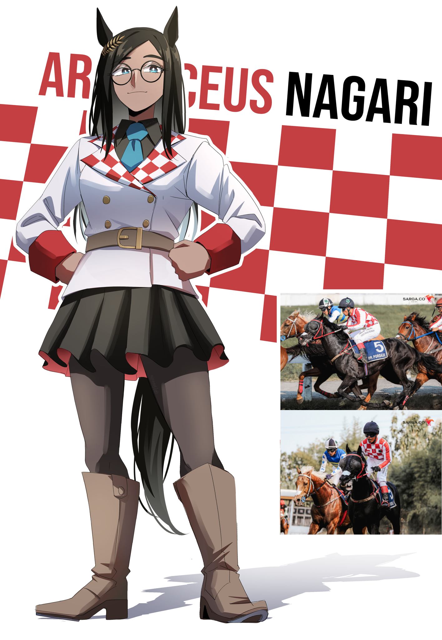 harashu (harashu96), original, umamusume, highres, animal ears, black hair, boots, checkered clothes, dark-skinned female, dark skin, glasses, hair ornament, horse, horse ears, horse girl, horse tail, necktie, tail, thighhighs