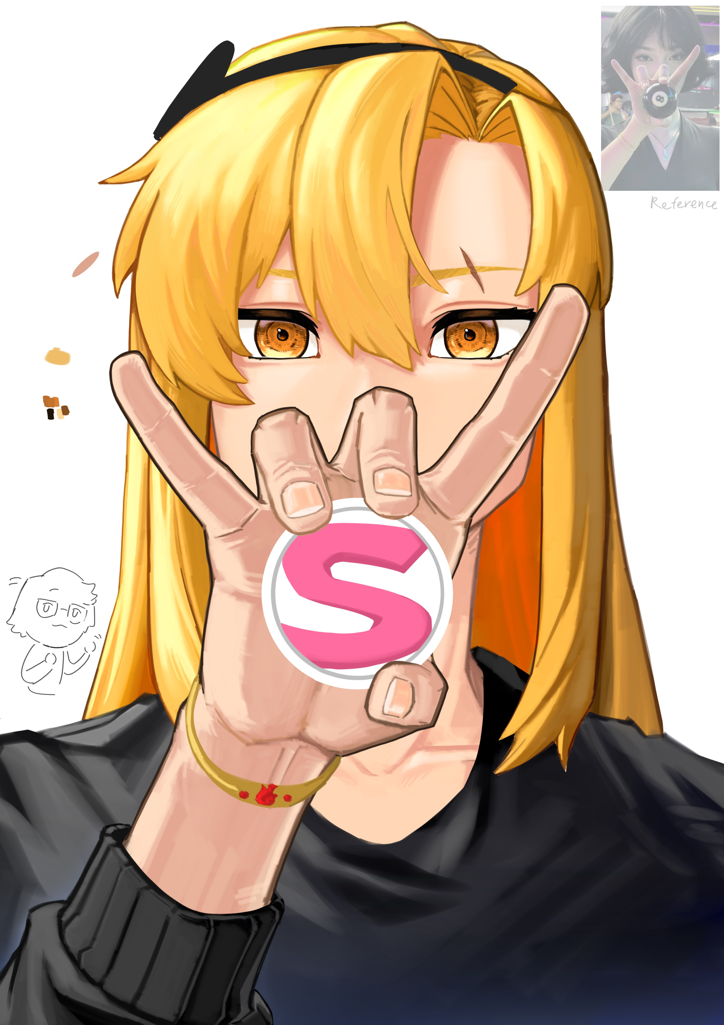 gmeg011, koishikawa iko, momijiyama teru, shy (series), absurdres, commentary, highres, photo-referenced, symbol-only commentary, 2girls, black sweater, blonde hair, bracelet, collarbone, hair between eyes, holding, jewelry, long hair, long sleeves, multiple girls, orange eyes, reference inset, scar, scar across eyebrow, scar on face, simple background, solo focus, sweater, white background