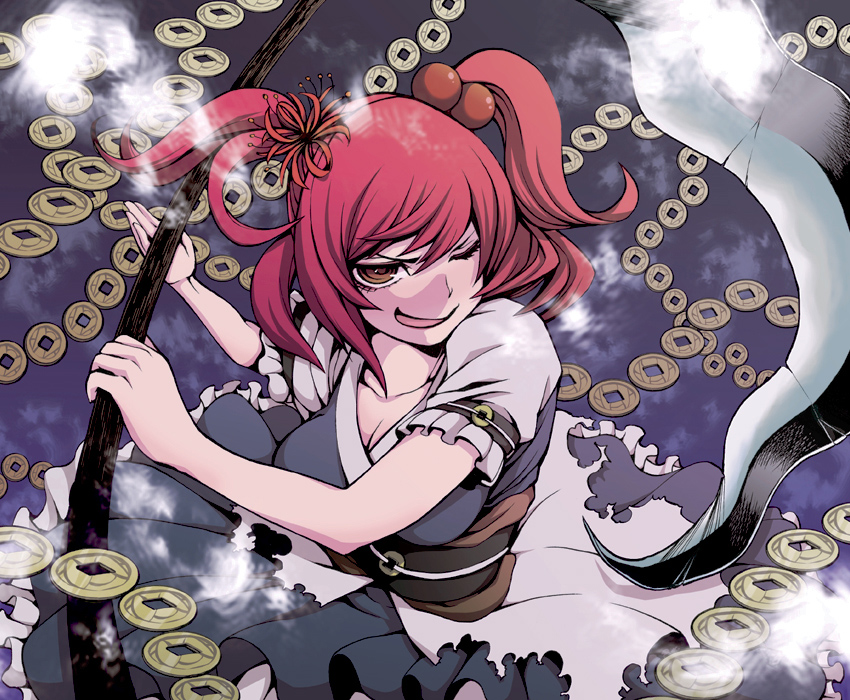 uousa-ou, onozuka komachi, phantasmagoria of flower view, touhou, 1girl, coin, danmaku, female focus, flower, hair bobbles, hair flower, hair ornament, one eye closed, red eyes, red hair, scythe, short hair, smirk, solo, twintails, two side up, wink