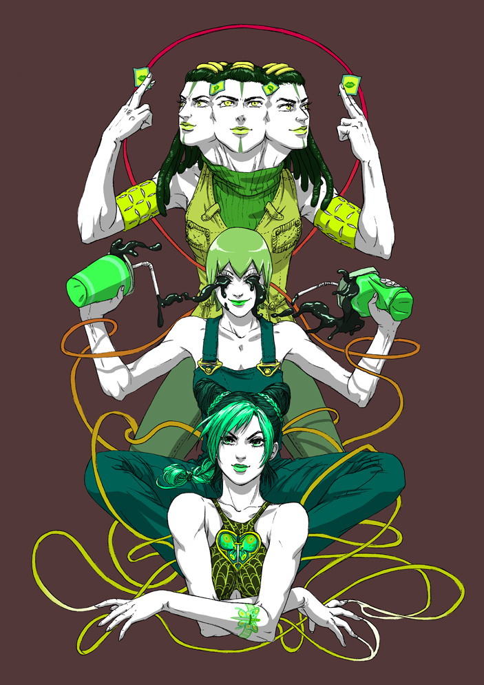 gozu-mezu, joanna krotka, ermes costello, foo fighters (jojo), kiss (stand), kuujou jolyne, jojo no kimyou na bouken, stone ocean, 3girls, brown background, cone hair bun, double bun, green hair, green lips, hair bun, lipstick, makeup, multicolored hair, multiple girls, simple background, stand (jojo), two-tone hair