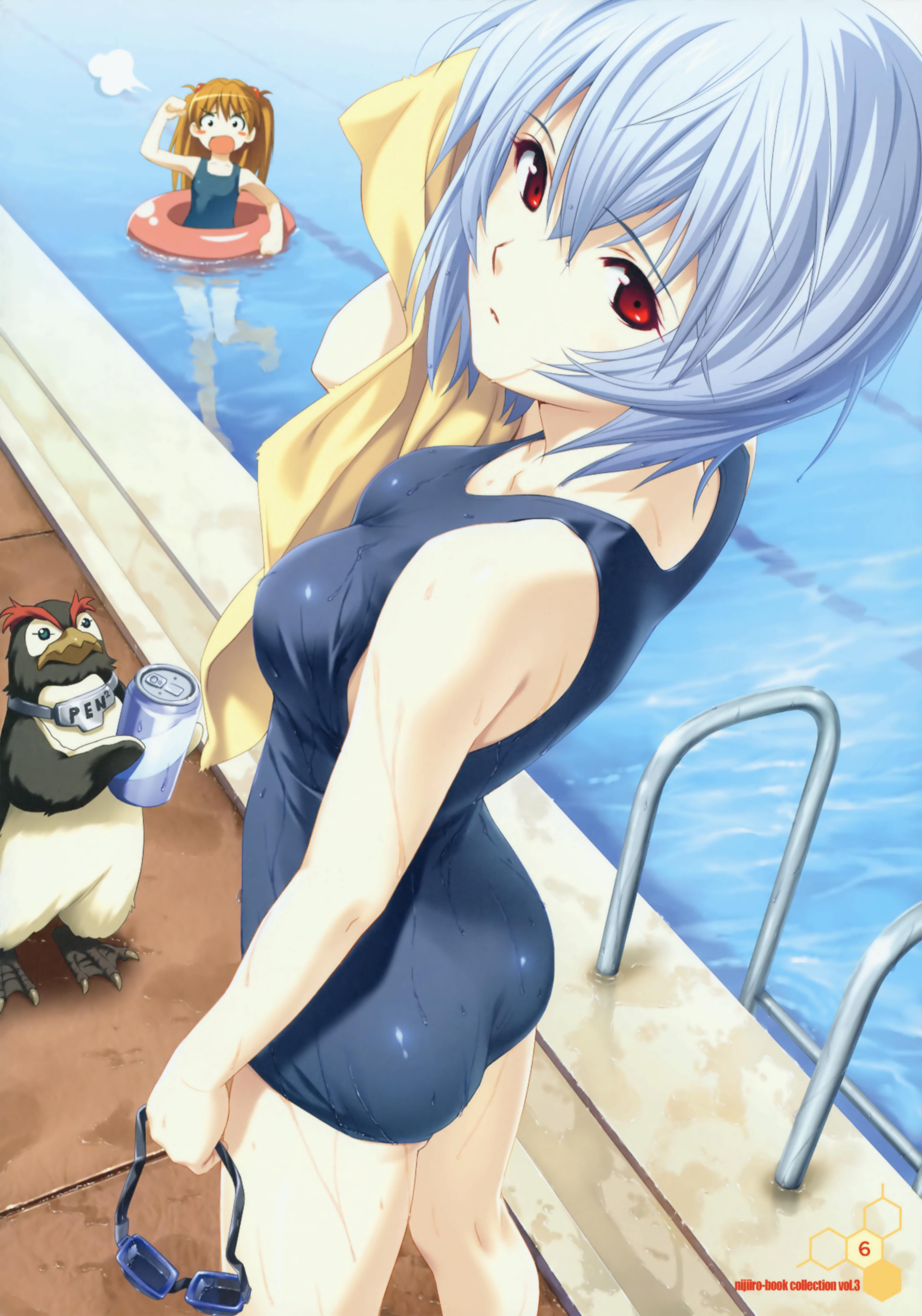 koutaro, ayanami rei, penpen, souryuu asuka langley, neon genesis evangelion, absurdres, highres, scan, 2girls, angry, ass, bird, blue hair, blush stickers, breasts, can, chibi, drink can, drying, from above, goggles, innertube, ladder, long hair, looking at viewer, looking back, multiple girls, one-piece swimsuit, open mouth, outdoors, penguin, pool, pool ladder, poolside, red eyes, red hair, school swimsuit, serious, short hair, small breasts, soda, soda can, speech bubble, swim ring, swimsuit, towel, water, wet