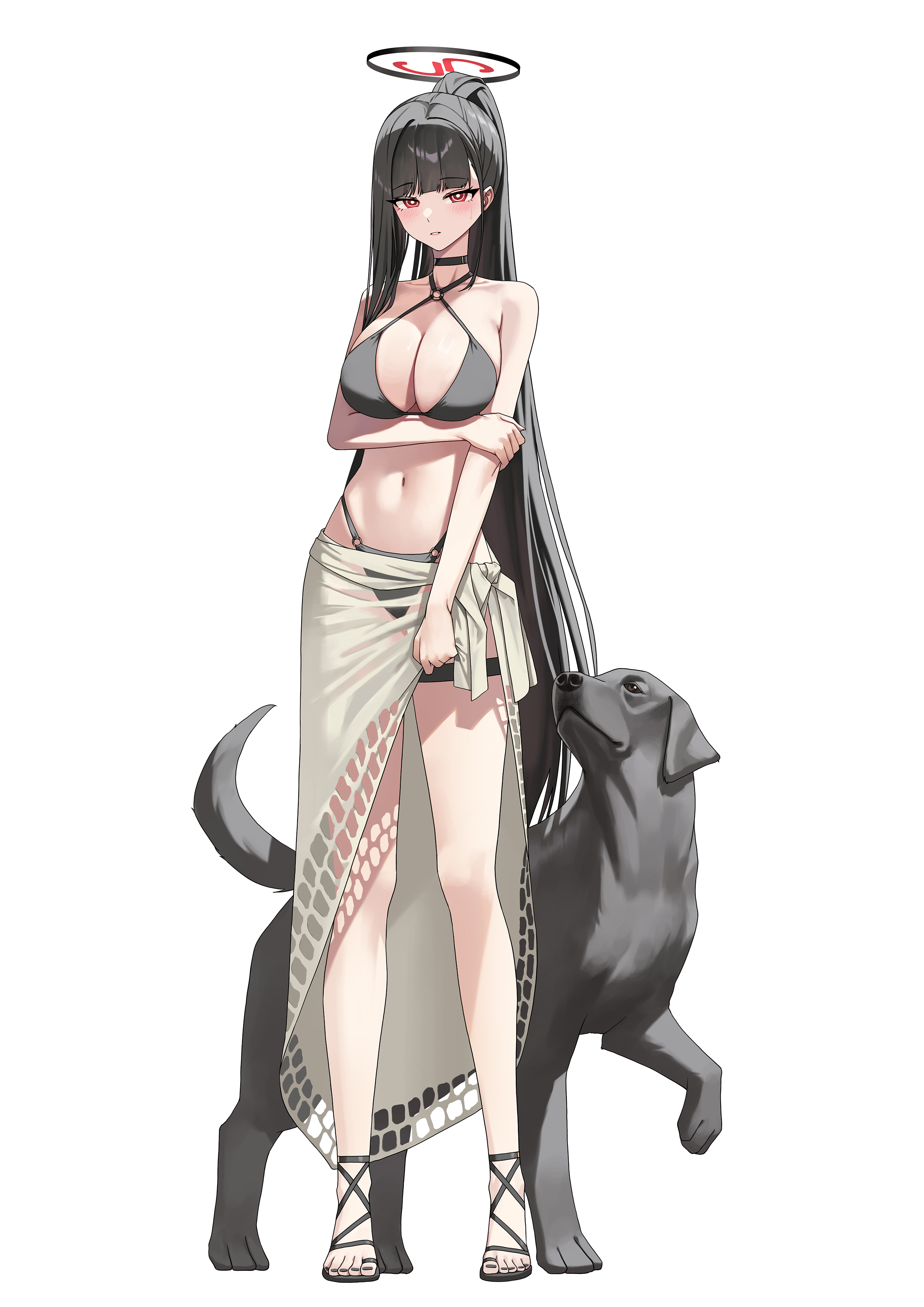alfie (tmdals7645), rio (blue archive), blue archive, absurdres, hashtag-only commentary, highres, 1girl, alternate costume, bare shoulders, bikini, black bikini, black choker, black hair, black nails, black sandals, breasts, choker, cleavage, closed mouth, dog, full body, halo, hand on own thigh, large breasts, long hair, looking at viewer, mesh, navel, red eyes, sandals, see-through clothes, sideboob, standing, stomach, strap sandals, swimsuit, thigh strap, very long hair, white background