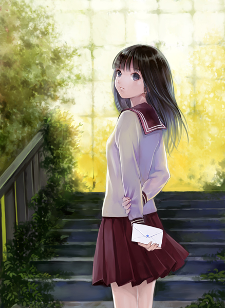 fukahire (ruinon), original, bad id, bad pixiv id, 1girl, arms behind back, black eyes, black hair, breasts, cowboy shot, female focus, from side, letter, long hair, long sleeves, looking at viewer, looking back, outdoors, overgrown, plant, pleated skirt, red skirt, scenery, school uniform, serafuku, skirt, small breasts, solo, stairs, standing