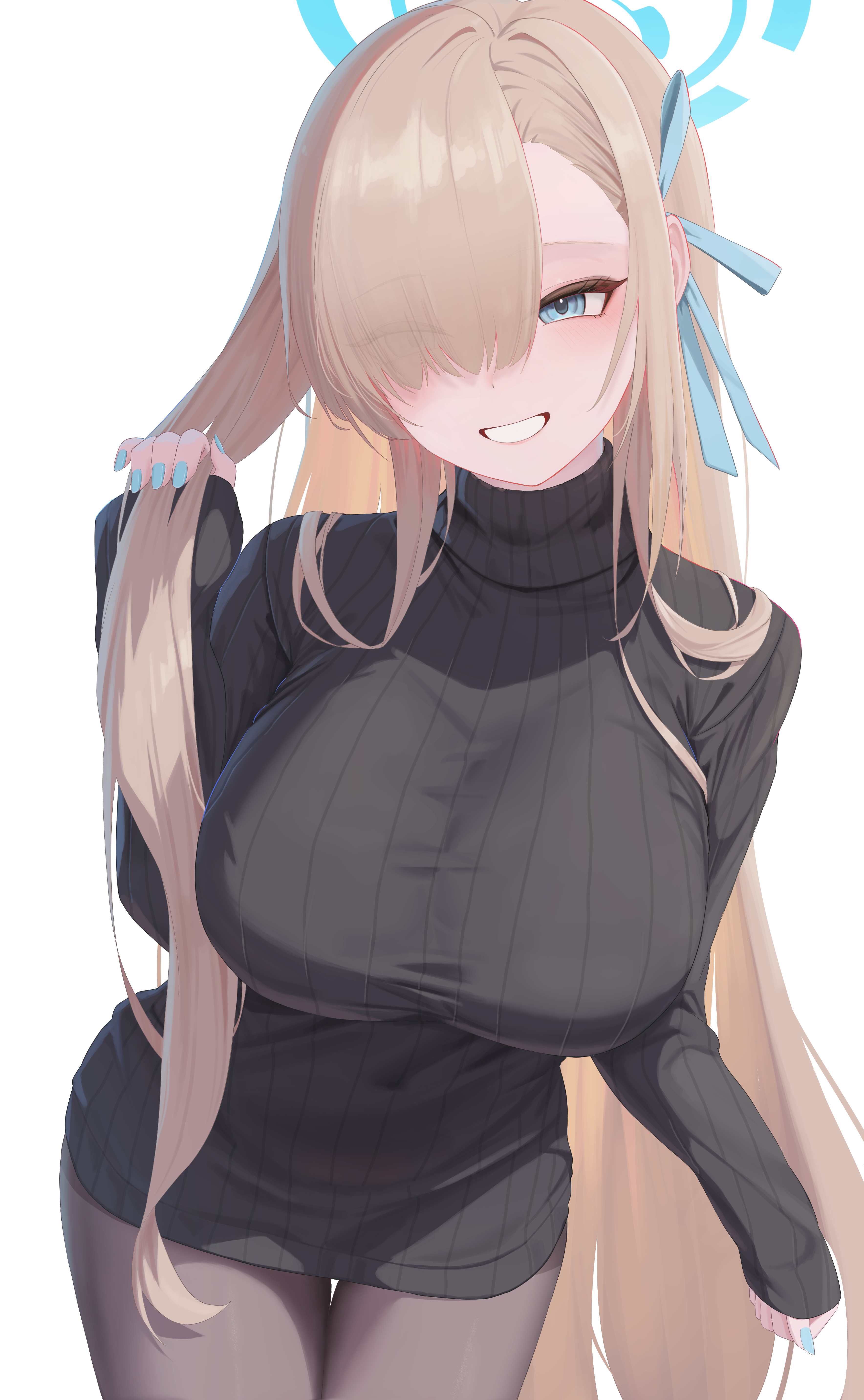 pige pig, asuna (blue archive), blue archive, absurdres, commentary request, highres, 1girl, black pantyhose, black sweater, blonde hair, blue eyes, blue halo, blue nails, blush, breasts, eyes visible through hair, grin, hair over one eye, hair ribbon, halo, large breasts, long hair, looking at viewer, pantyhose, ribbed sweater, ribbon, smile, solo, sweater, turtleneck, turtleneck sweater, very long hair, white background