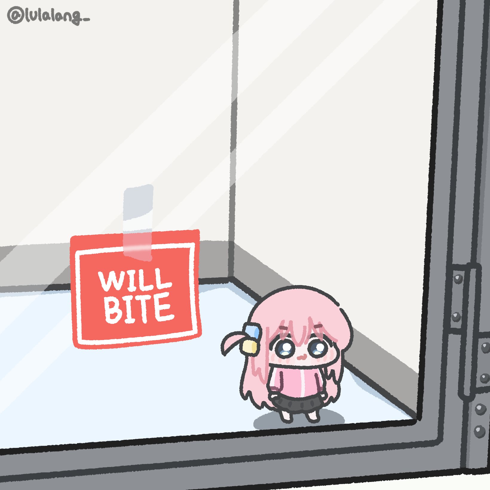 lulalang, gotoh hitori, bocchi the rock!, commentary, english commentary, highres, 1girl, blue eyes, chibi, chibi only, closed mouth, glass, jacket, long hair, mini person, minigirl, one side up, pink hair, pink jacket, sign, simple background, solo, standing, white background, wide shot
