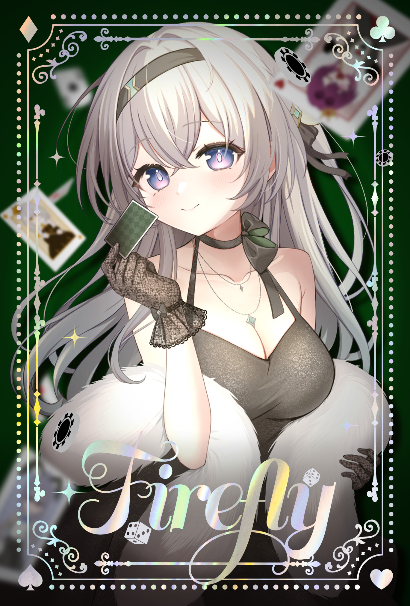 oguraponti, firefly (honkai: star rail), honkai: star rail, honkai (series), commentary request, highres, 1girl, black dress, black hairband, black ribbon, breasts, card, character name, cleavage, closed mouth, club (shape), collarbone, diamond (shape), dice, dress, feather boa, gloves, grey hair, hairband, heart, holding, holding card, jewelry, long hair, neck ribbon, necklace, poker chip, purple eyes, ribbon, smile, solo, spade (shape)