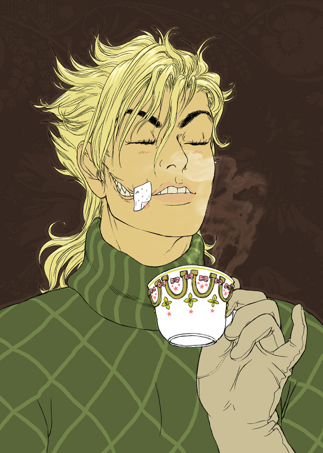 gozu-mezu, joanna krotka, diego brando, scary monsters (stand), jojo no kimyou na bouken, steel ball run, 1boy, argyle clothes, argyle sweater, bandages, bandaid, blonde hair, blood, brown background, closed eyes, coffee, cup, glasgow smile, gloves, green shirt, lips, long hair, male focus, pinky out, sharp teeth, shirt, solo, stand (jojo), sweater, tea, teacup, teeth
