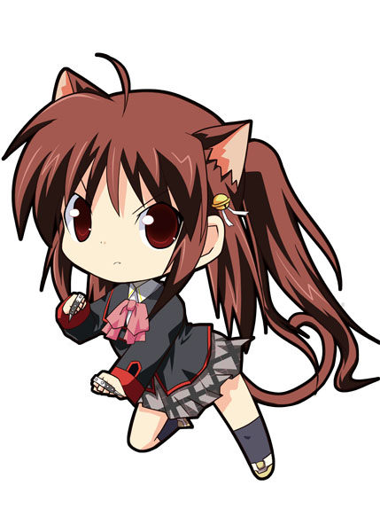 kannazuki yukito, natsume rin, little busters!, 1girl, animal ears, bow, brass knuckles, brown eyes, brown hair, cat ears, cat tail, chibi, female focus, long hair, pink bow, ponytail, school uniform, solo, tail, weapon