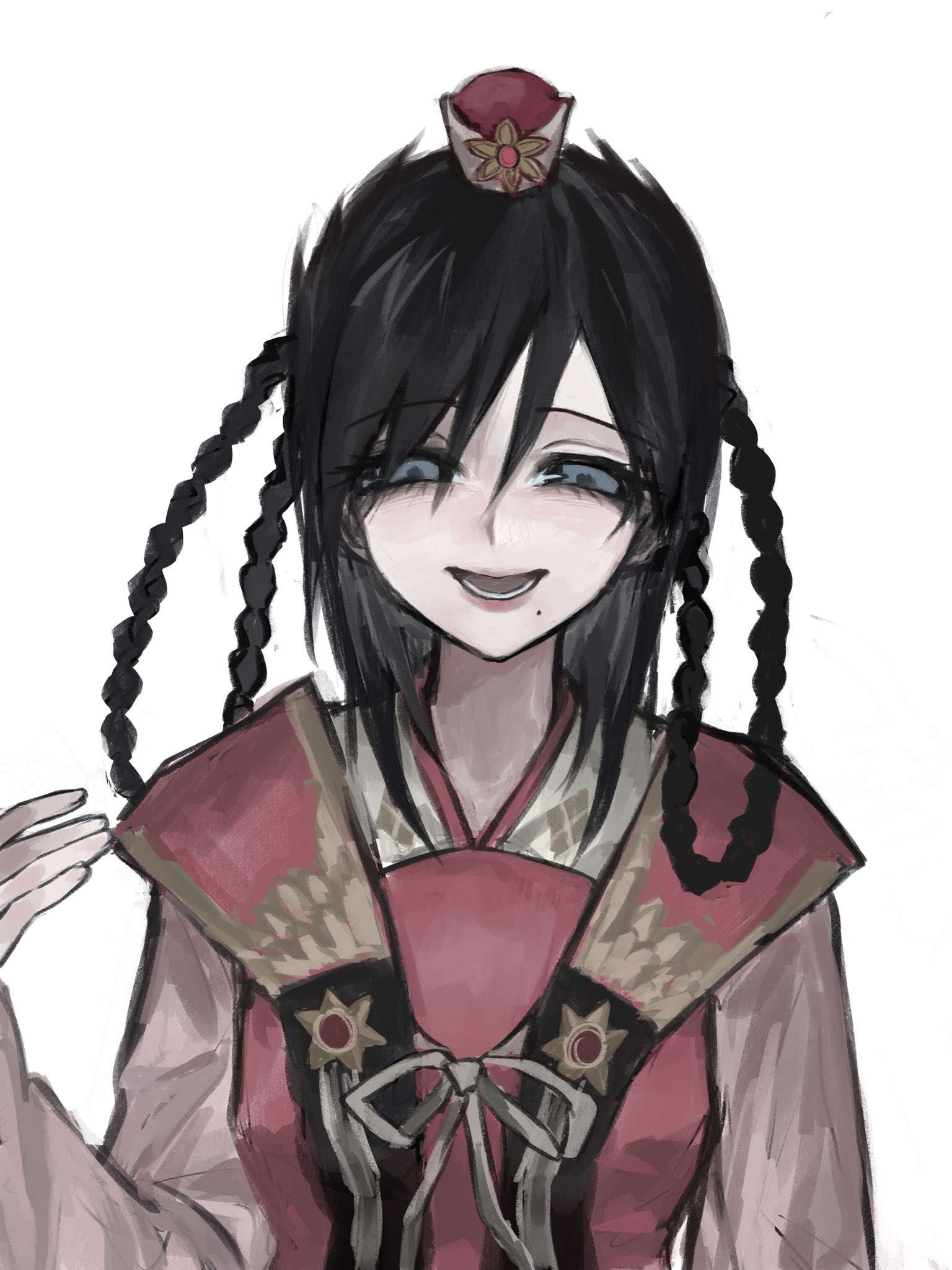 ren gyokuen, magi the labyrinth of magic, highres, 1girl, black hair, blue eyes, braid, braided hair rings, chinese clothes, hair rings, hanfu, looking at viewer, mole, mole under mouth, open mouth, sanjiu 399, simple background, smile, solo, upper body, white background, xiao guan (headdress)