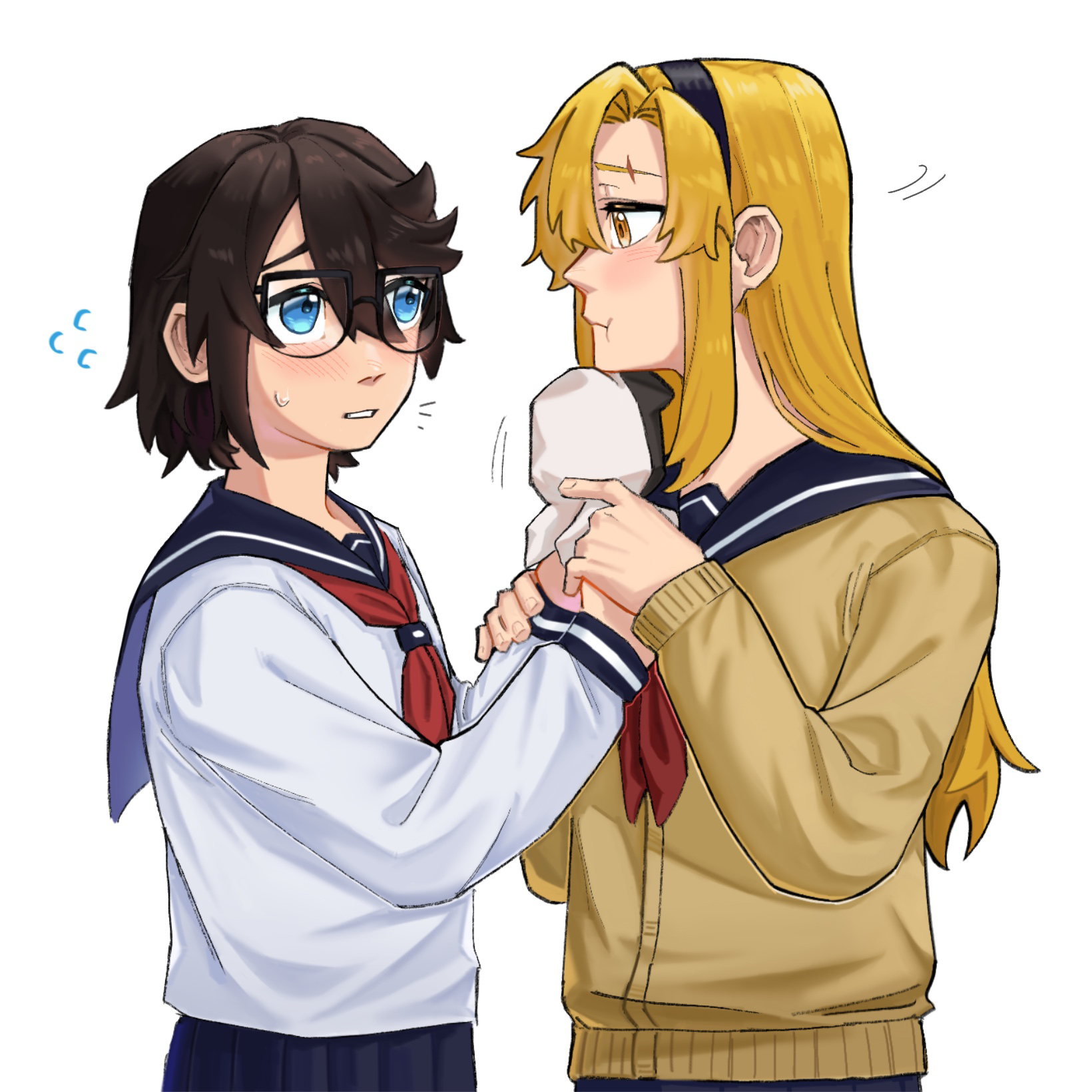 gmeg011, koishikawa iko, momijiyama teru, shy (series), commentary, highres, symbol-only commentary, 2girls, black hairband, black sailor collar, black skirt, blonde hair, blush, brown cardigan, brown hair, cardigan, glasses, hair between eyes, hairband, holding hands, long hair, long sleeves, multiple girls, neckerchief, pleated skirt, red neckerchief, sailor collar, school uniform, semi-rimless eyewear, shirt, short hair, simple background, skirt, teeth, upper body, white background, white shirt