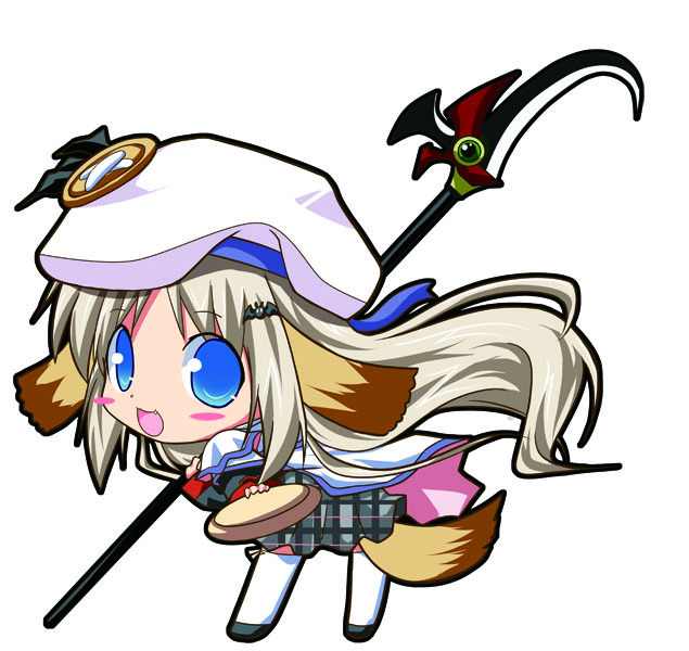 kannazuki yukito, noumi kudryavka, little busters!, animal ears, blush stickers, chibi, dog ears, dog tail, fang, frisbee, hat, scythe, solo, tail, thighhighs, weapon