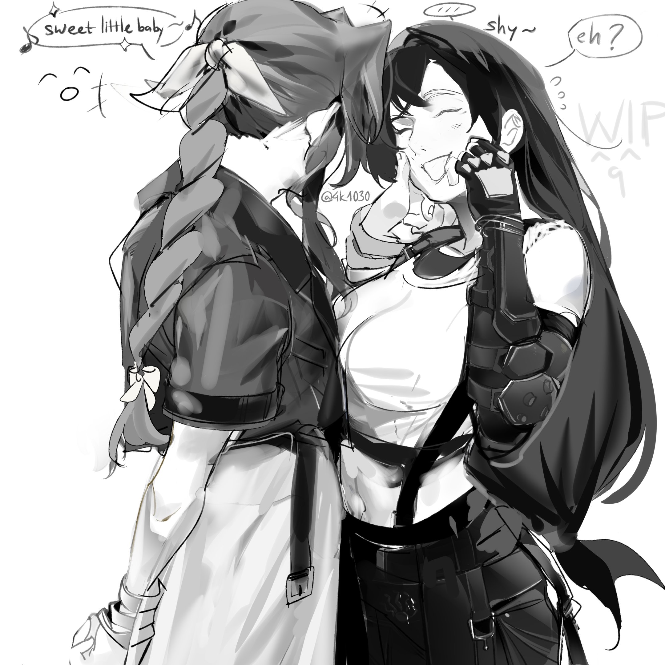 4k1030, aerith gainsborough, tifa lockhart, final fantasy, final fantasy vii, final fantasy vii remake, commentary, english commentary, highres, +++, …, 2girls, arm behind back, bare shoulders, black hair, black skirt, bracelet, braid, braided ponytail, breasts, closed eyes, cowboy shot, crop top, cropped jacket, dress, elbow gloves, english text, facing another, flying sweatdrops, gloves, greyscale, hair ribbon, hand on another's cheek, hand on another's face, jewelry, light blush, long hair, low-tied long hair, medium breasts, midriff, monochrome, multiple girls, music, musical note, open mouth, ponytail, ribbon, short sleeves, shy, singing, single arm guard, skirt, speech bubble, spoken ellipsis, suspender skirt, suspenders, tank top, twitter username, white tank top, yuri