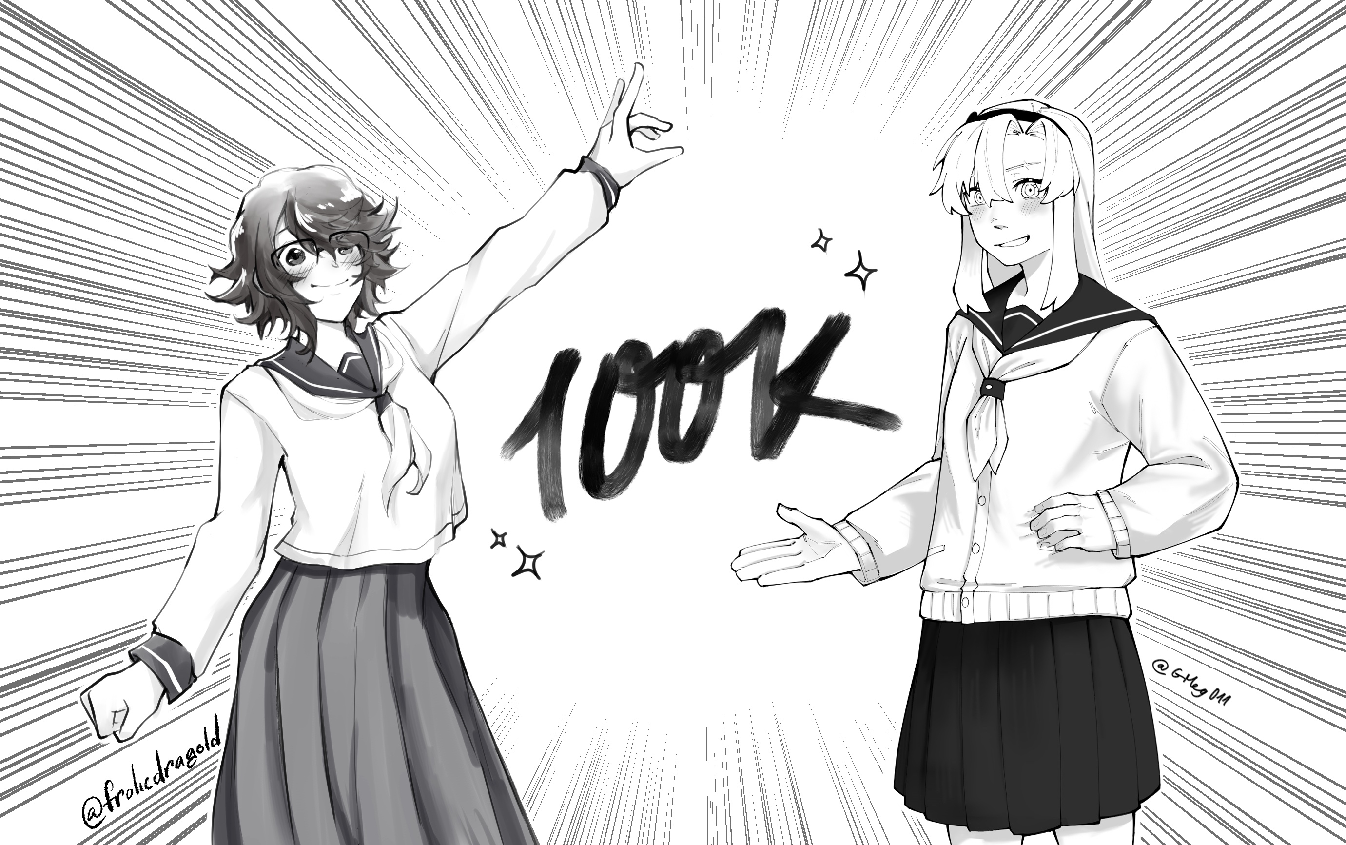 gmeg011, koishikawa iko, momijiyama teru, shy (series), commentary, highres, symbol-only commentary, 2girls, arm up, blush, cardigan, clenched hand, greyscale, grin, hairband, long hair, long sleeves, monochrome, multiple girls, pleated skirt, sailor collar, scar, scar across eyebrow, scar on face, school uniform, shirt, skirt, smile, teeth