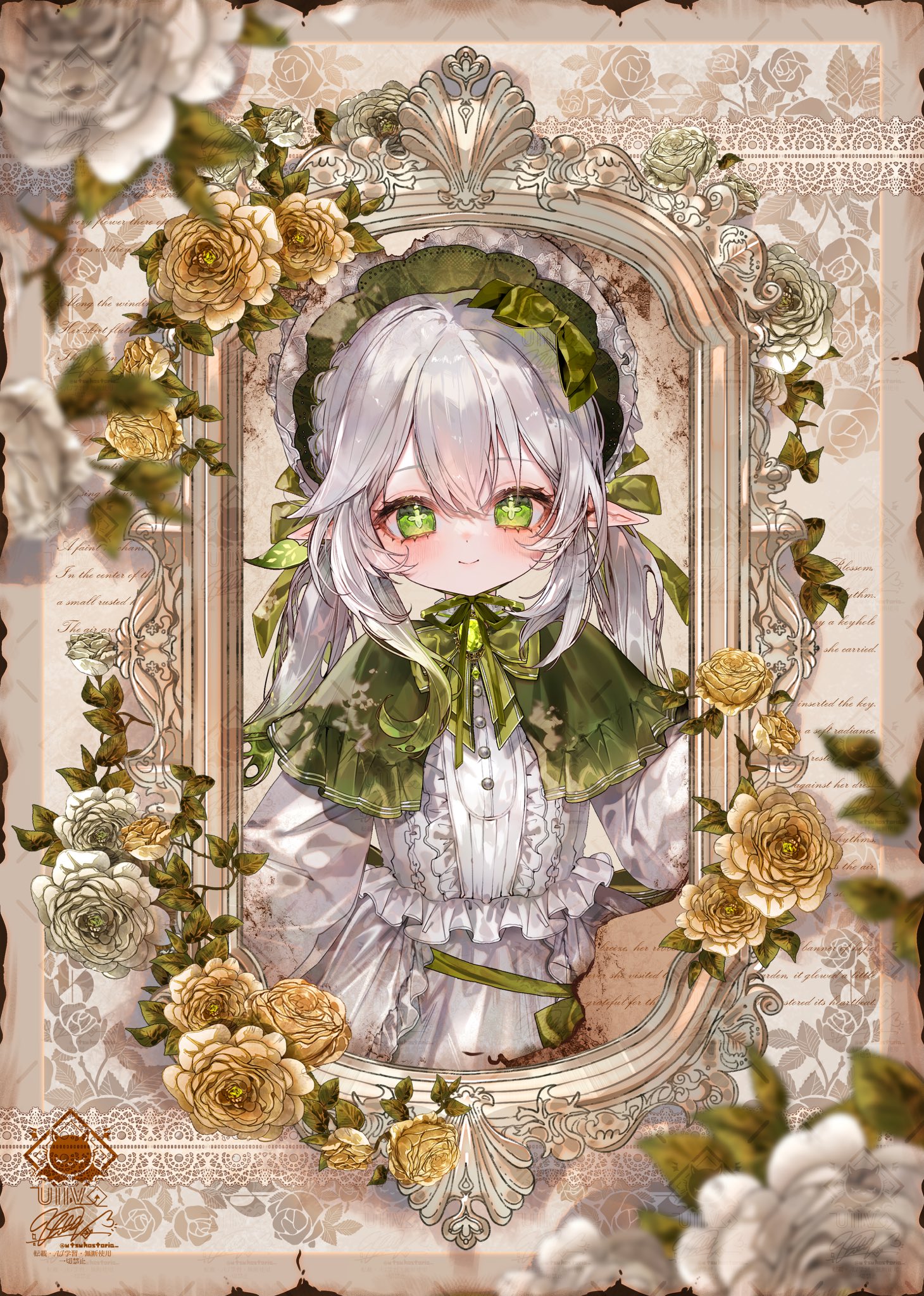 utsuhostoria, nahida (genshin impact), genshin impact, commentary, highres, 1girl, alternate costume, bonnet, bow, capelet, center frills, cross-shaped pupils, dress, flower, frills, gradient hair, green bow, green capelet, green eyes, green flower, green hair, grey hair, lolita fashion, long hair, long sleeves, looking at viewer, multicolored hair, pointy ears, signature, smile, solo, symbol-shaped pupils, white dress, white flower