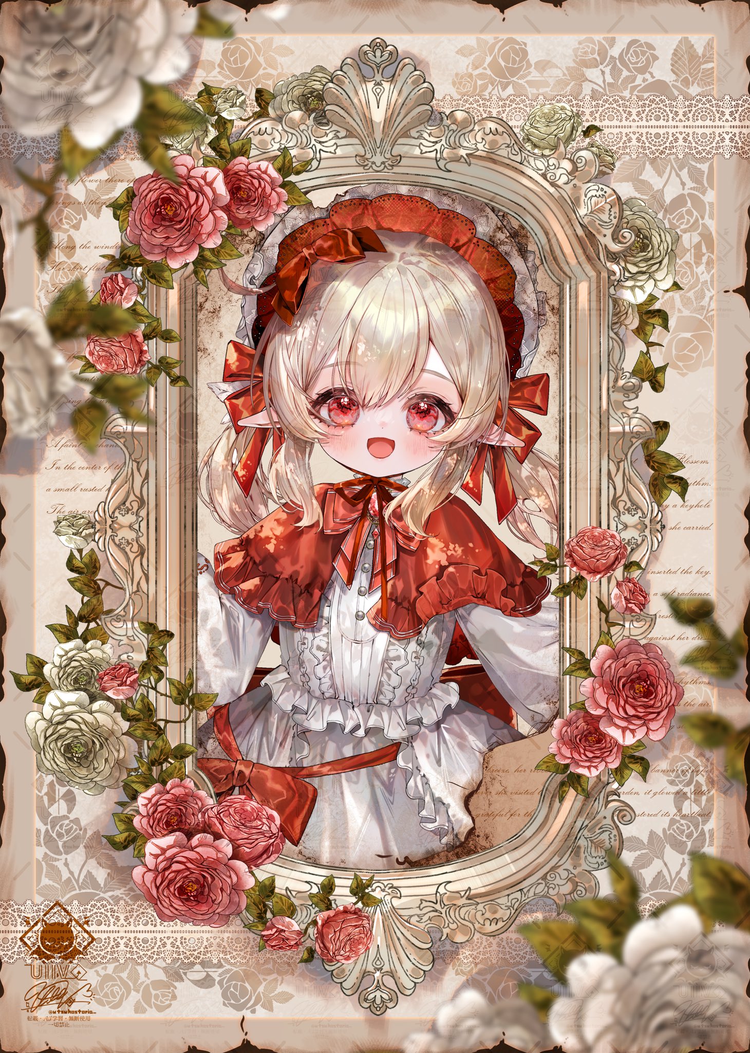 utsuhostoria, klee (genshin impact), genshin impact, commentary, highres, 1girl, alternate costume, blonde hair, bonnet, bow, capelet, center frills, dress, flower, frills, long sleeves, looking at viewer, open mouth, pointy ears, red bow, red capelet, red eyes, red flower, signature, smile, solo, white dress, white flower