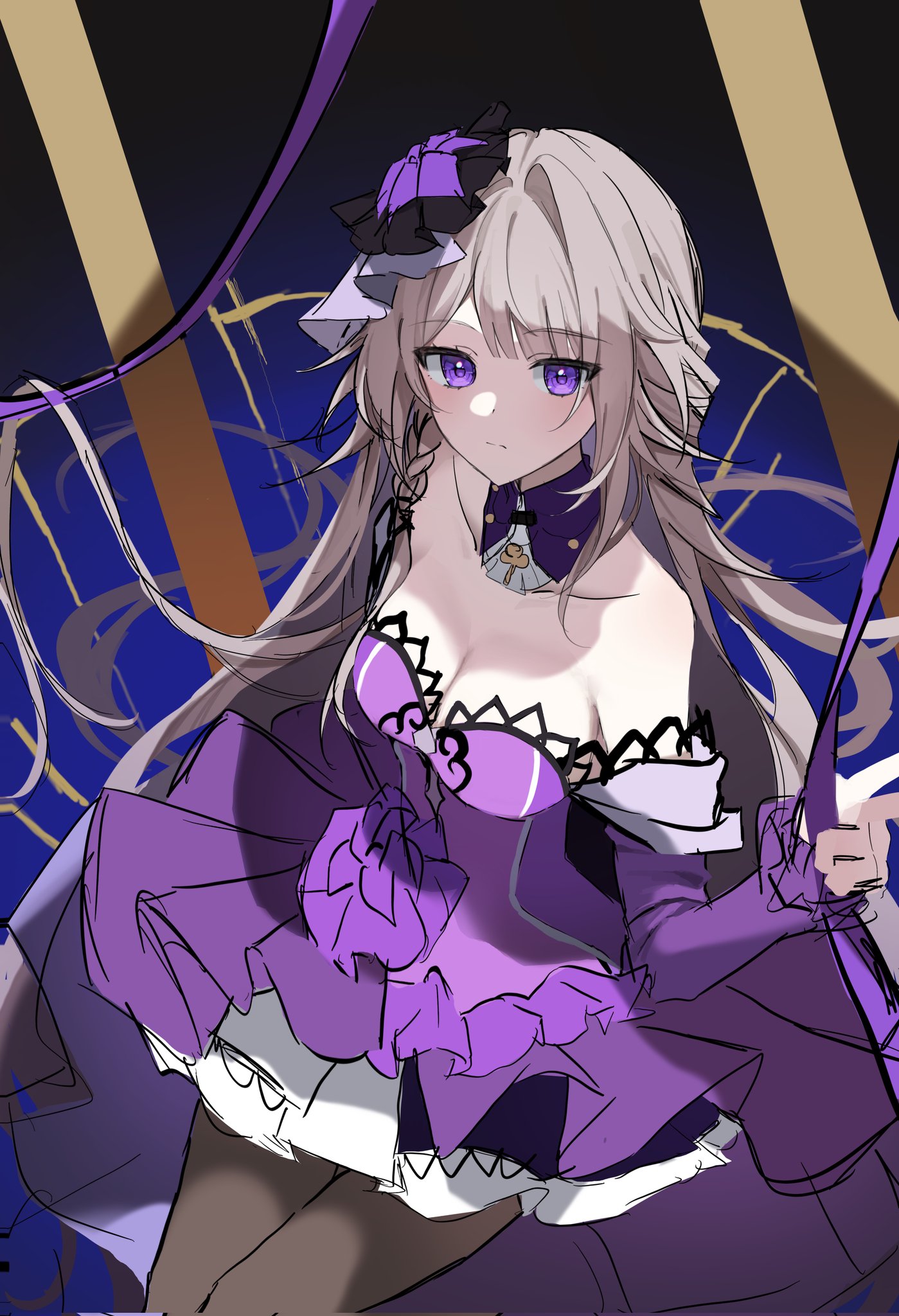 herta (honkai: star rail), the herta (honkai: star rail), the herta (star rail live 2025) (honkai: star rail), honkai: star rail, honkai (series), hashtag-only commentary, highres, 1girl, blue background, braid, breasts, brown hair, cleavage, detached collar, flower, hair flower, hair ornament, kom376986, long hair, medium breasts, off shoulder, official alternate costume, pantyhose, purple eyes, sitting, very long hair