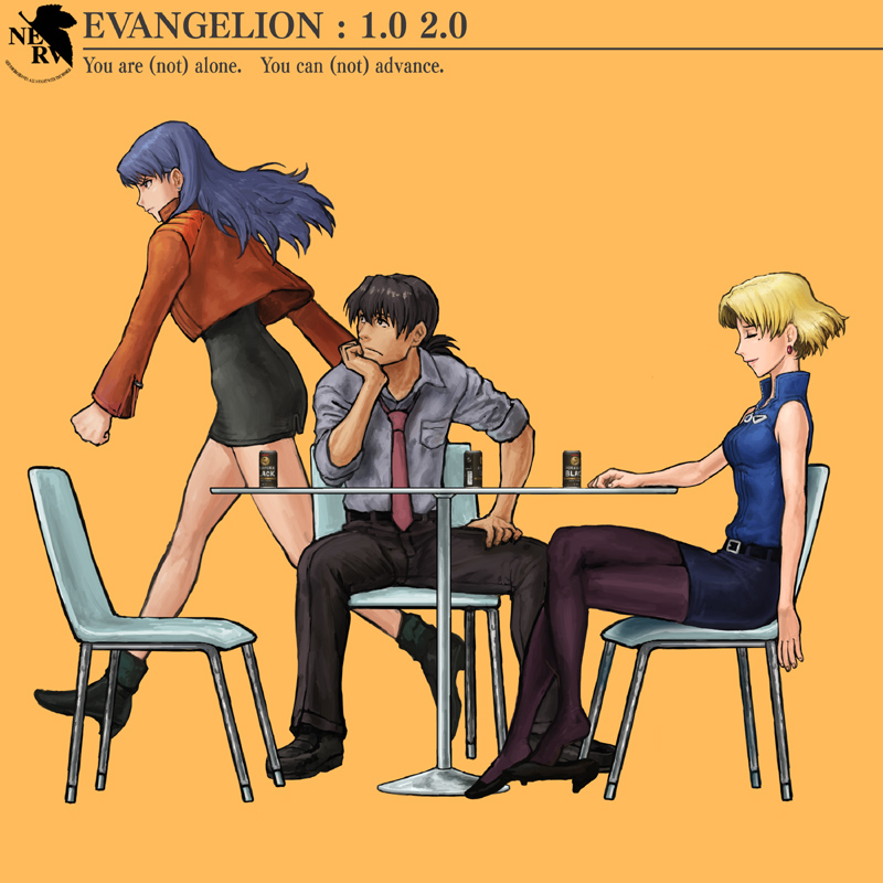 ikeda (cpt), akagi ritsuko, kaji ryouji, katsuragi misato, evangelion: 1.0 you are (not) alone, evangelion: 2.0 you can (not) advance, neon genesis evangelion, rebuild of evangelion, md5 mismatch, 00s, 1boy, 2girls, blonde hair, blue hair, closed eyes, crossed legs, mole, mole under eye, multiple girls, pantyhose, pencil skirt, shoe dangle, sitting, skirt