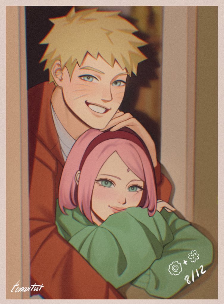 tenartistt, haruno sakura, uzumaki naruto, naruto (series), commentary, english commentary, 1boy, 1girl, artist name, blonde hair, blue eyes, bob cut, border, chromatic aberration, closed mouth, crossed arms, eyelashes, facial mark, fake photograph, film grain, forehead mark, friends, green eyes, green sweater, grin, hairband, hand on another's head, head rest, jacket, light smile, looking at viewer, looking outside, orange jacket, pink hair, red hairband, shirt, short hair, smile, spiked hair, sweater, swept bangs, whisker markings, white border, white shirt