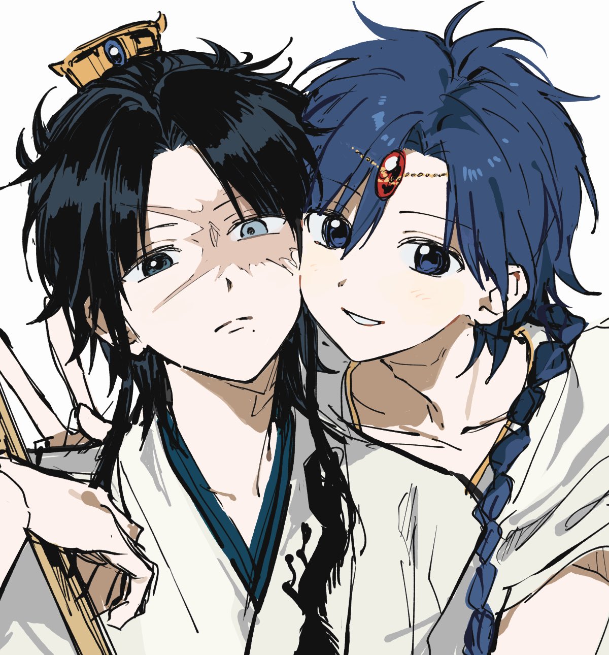 aladdin (magi), ren hakuryuu, magi the labyrinth of magic, highres, 2boys, black hair, blue eyes, blue hair, braid, braided ponytail, chinese clothes, hanfu, head chain, heterochromia, jewelry, long hair, looking at viewer, male focus, medium hair, mole, mole under mouth, multiple boys, open mouth, scar, scar across eye, scar on face, shirokm1o, simple background, single braid, smile, upper body, white background, xiao guan (headdress)