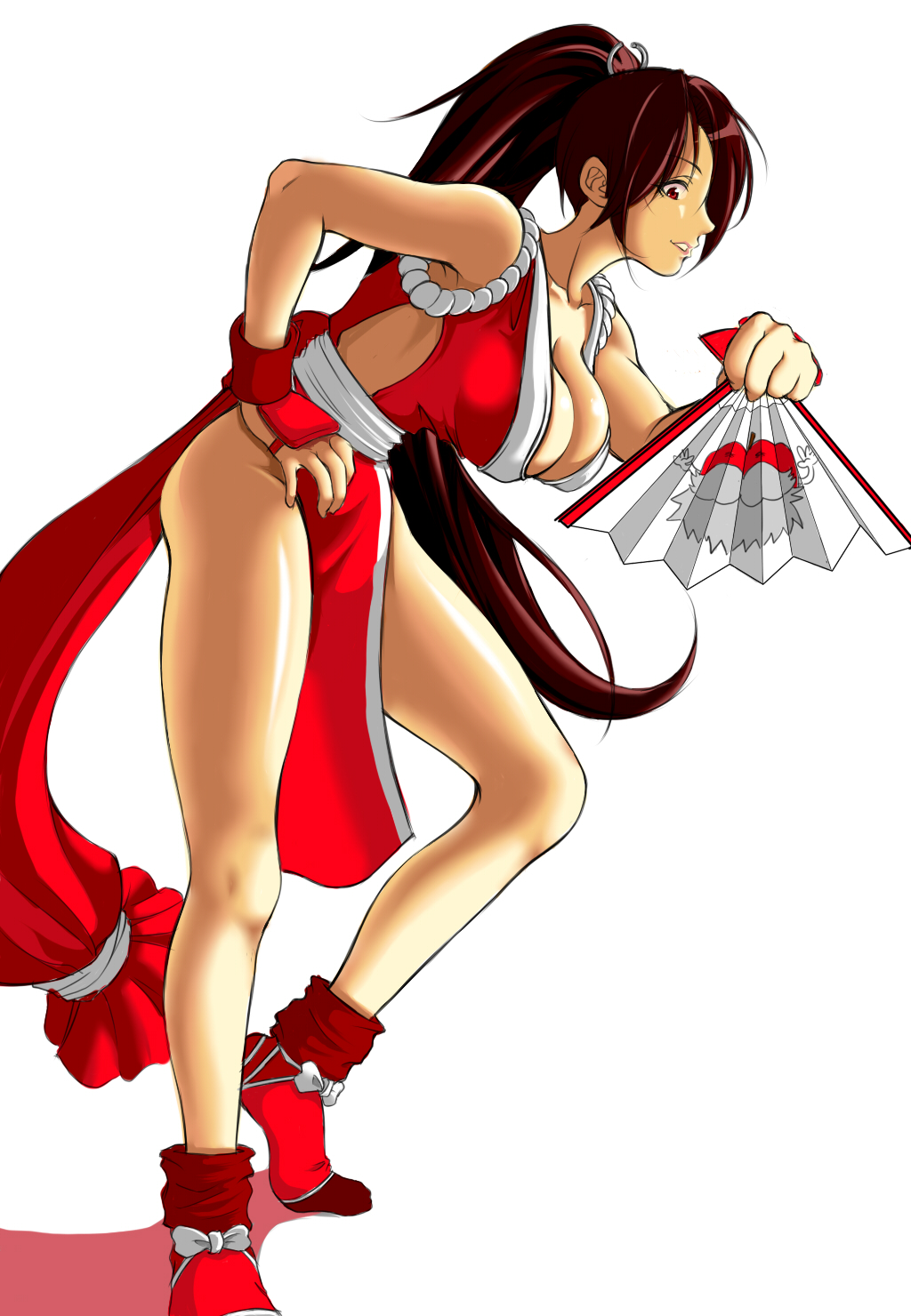 pleasure-treasure, shiranui mai, fatal fury, snk, the king of fighters, highres, 1girl, breasts, cleavage, female focus, large breasts, long hair, pelvic curtain, ponytail, solo, very long hair