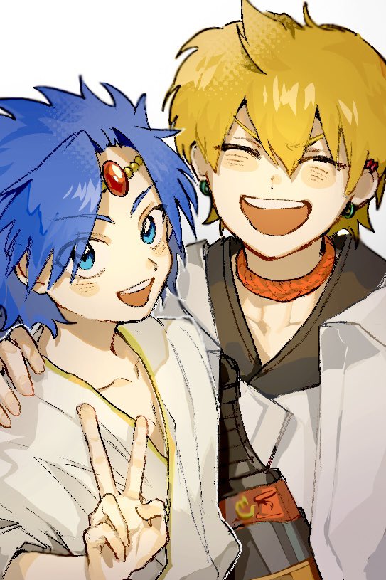 umeboitarou, aladdin (magi), alibaba saluja, magi the labyrinth of magic, commentary request, 2boys, blonde hair, blue eyes, blue hair, blush, braid, braided ponytail, closed eyes, earrings, hair horns, head chain, jewelry, long hair, male focus, multiple boys, open mouth, short hair, simple background, single braid, smile, upper body, v, white background