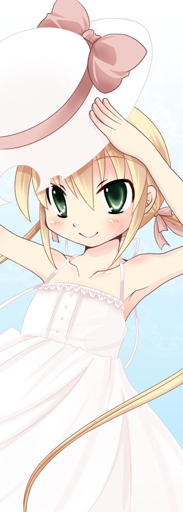 ayachin, sanzen'in nagi, hayate no gotoku!, long image, tall image, 00s, armpits, blonde hair, blush, child, dress, flat chest, green eyes, hat, long hair, solo, twintails