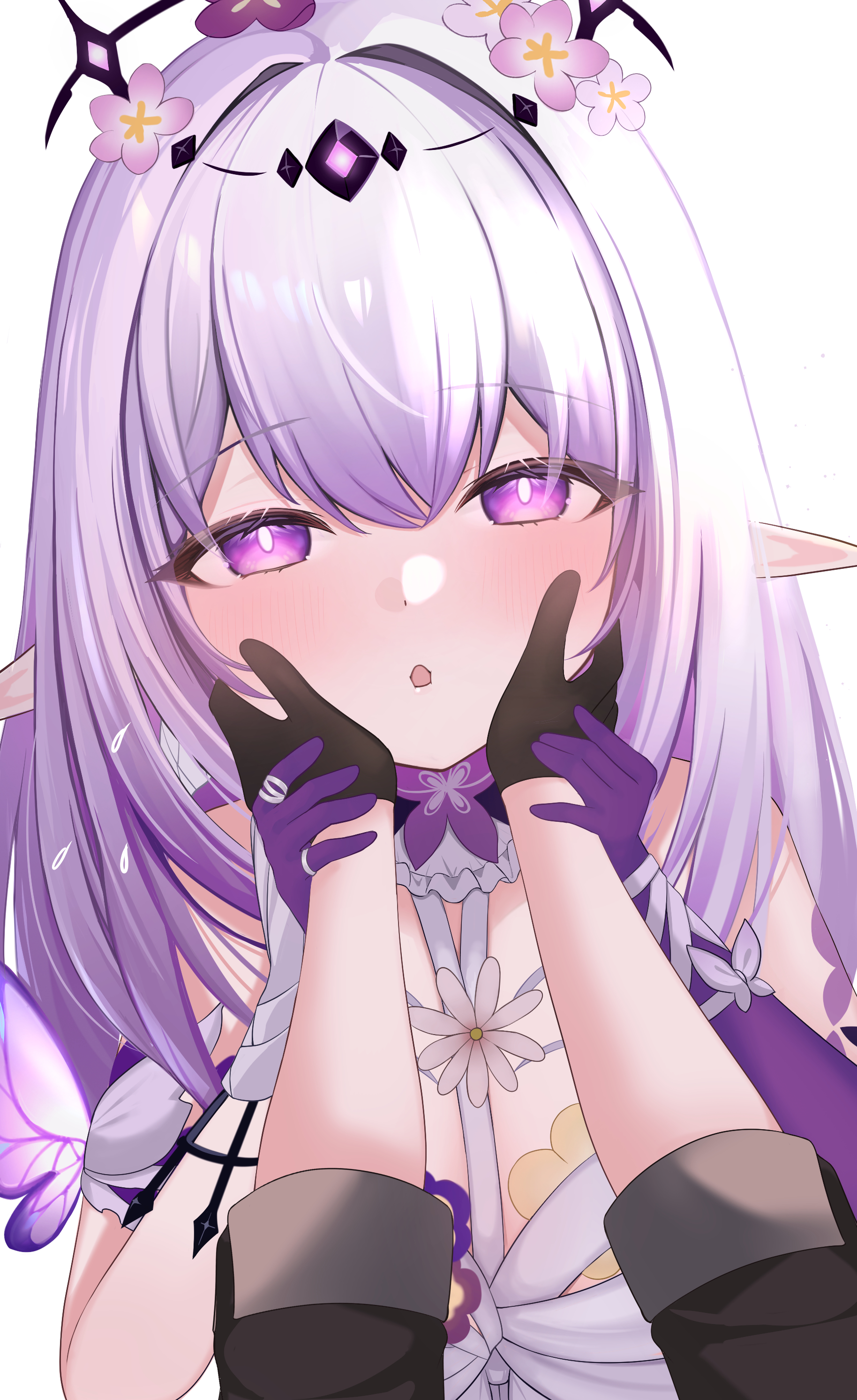 oguraponti, castorice (honkai: star rail), stelle (honkai: star rail), trailblazer (honkai: star rail), honkai: star rail, honkai (series), absurdres, commentary request, highres, 2girls, :o, asymmetrical gloves, bare shoulders, black gloves, blush, flower, gloves, hair between eyes, hand on another's cheek, hand on another's face, hand on another's hand, long hair, multiple girls, out of frame, pov, pov hands, purple eyes, purple flower, purple gloves, purple hair, uneven gloves, very long hair, white background, yuri