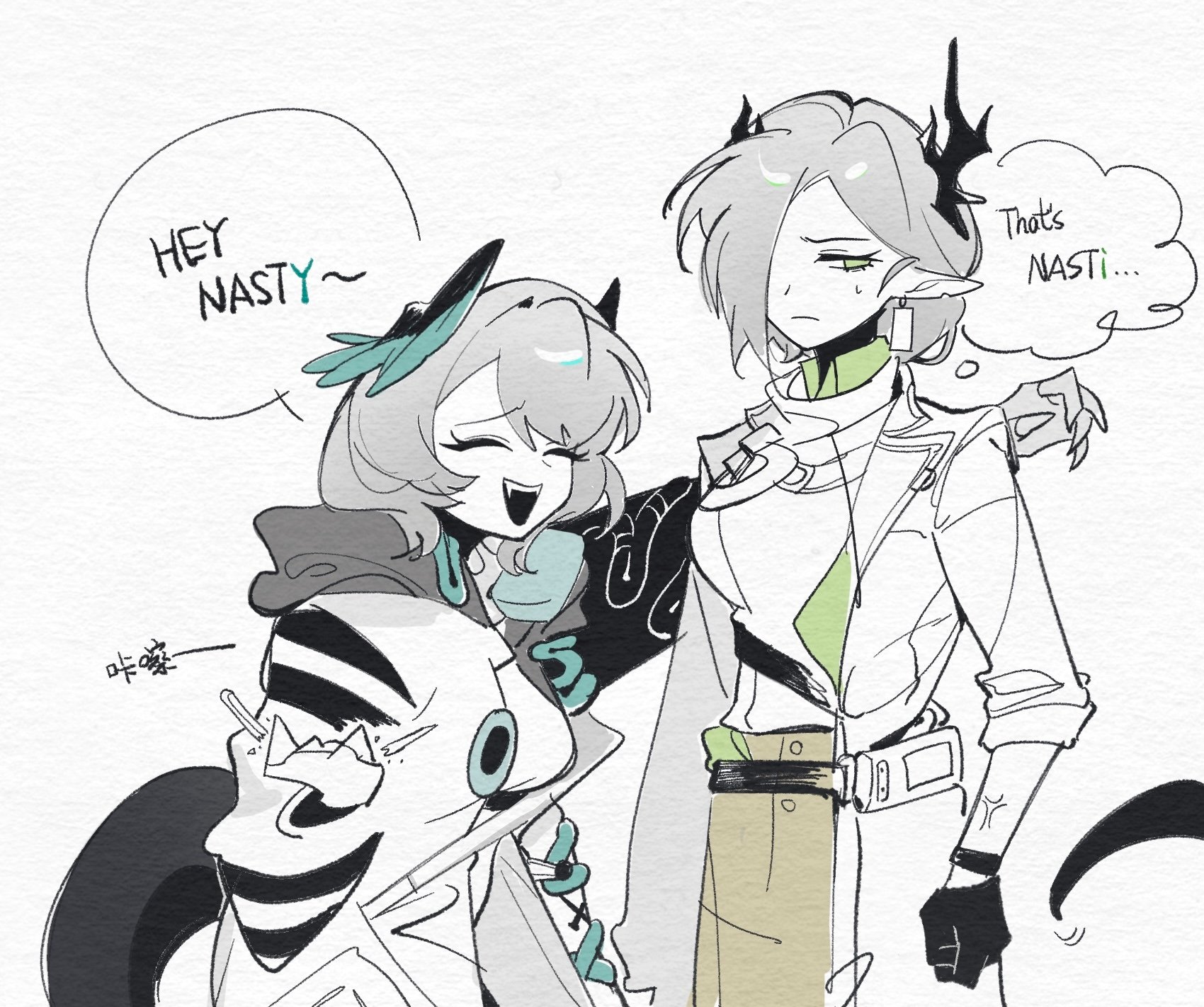 ho'olheyak (arknights), nasti (arknights), arknights, hashtag-only commentary, highres, 2girls, anger vein, aqua wings, breasts, character name, closed eyes, closed mouth, coat, cowboy shot, english text, feathered wings, grey hair, hair between eyes, head wings, horns, long sleeves, lubianshi1, medium hair, multiple girls, open mouth, pointy ears, shirt, small sweatdrop, snake girl, snake tail, speech bubble, standing, tail, teeth, upper teeth only, wings